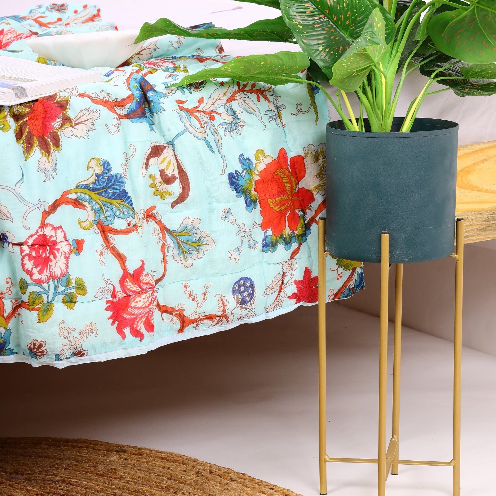 Velvet Floral Kantha Quilt - Blue Azure