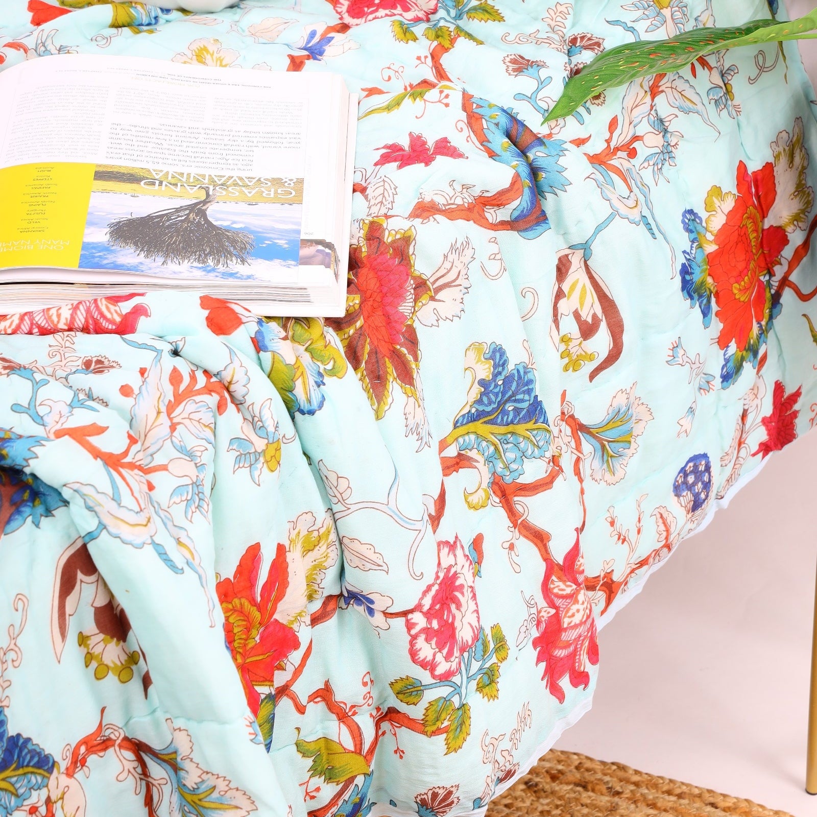 Velvet Floral Kantha Quilt - Blue Azure