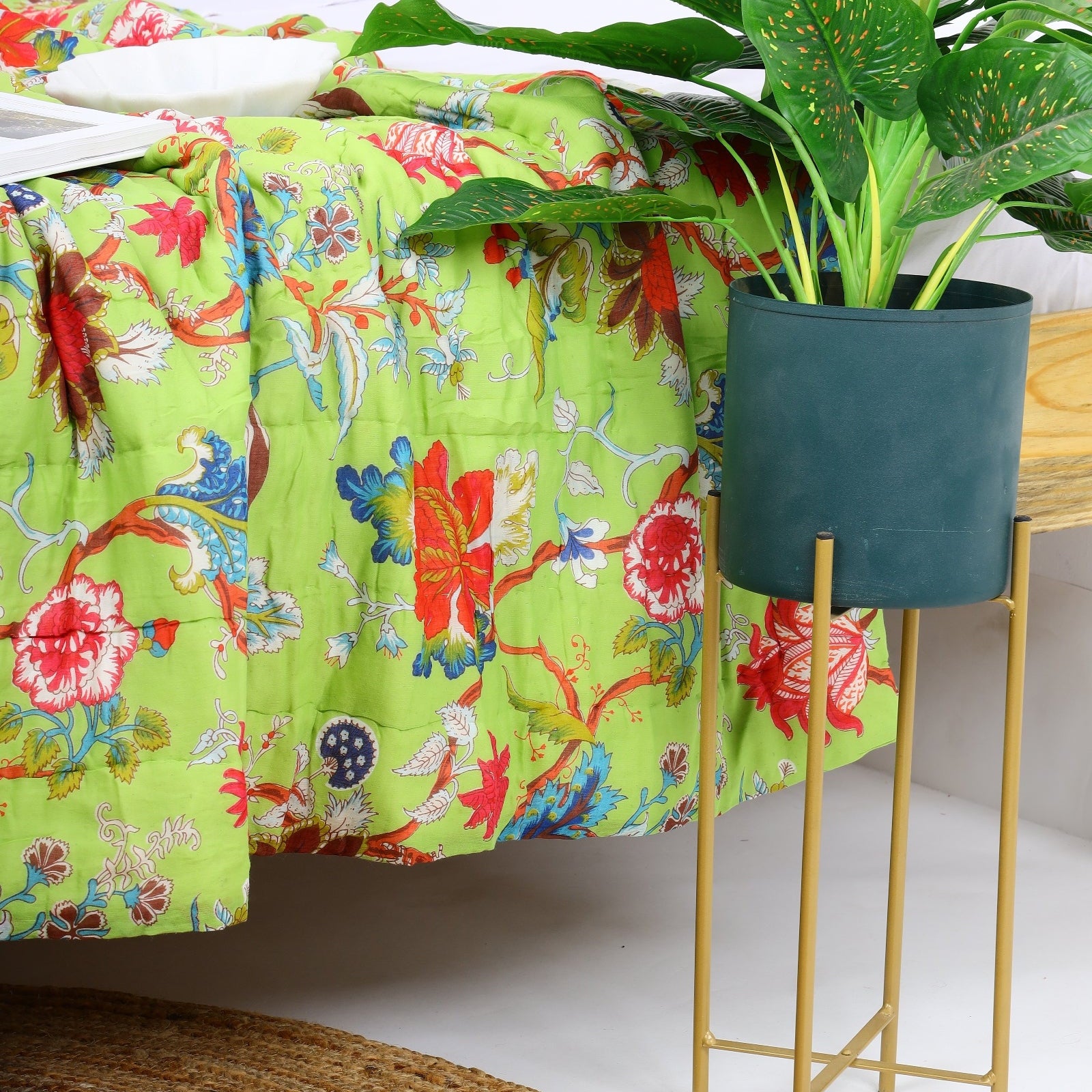 Velvet Floral Kantha Quilt - Sea Green Harmony