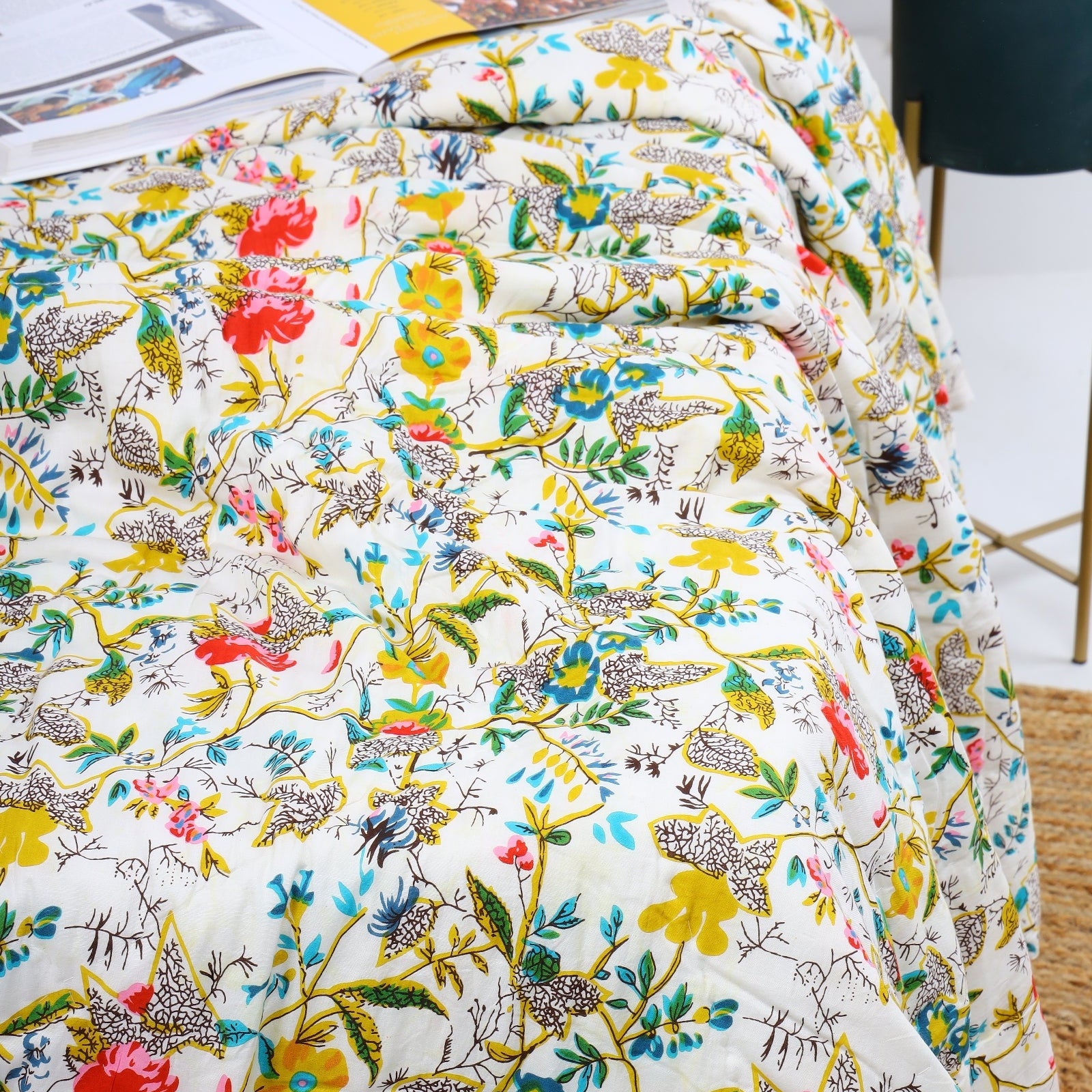 Velvet Floral Kantha Quilt - Bird Paradise Pearl