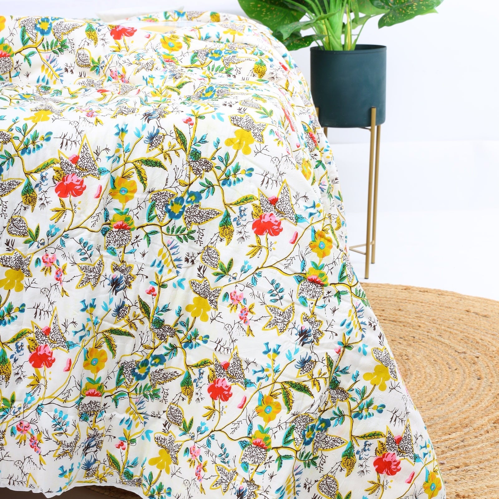 Velvet Floral Kantha Quilt - Bird Paradise Pearl