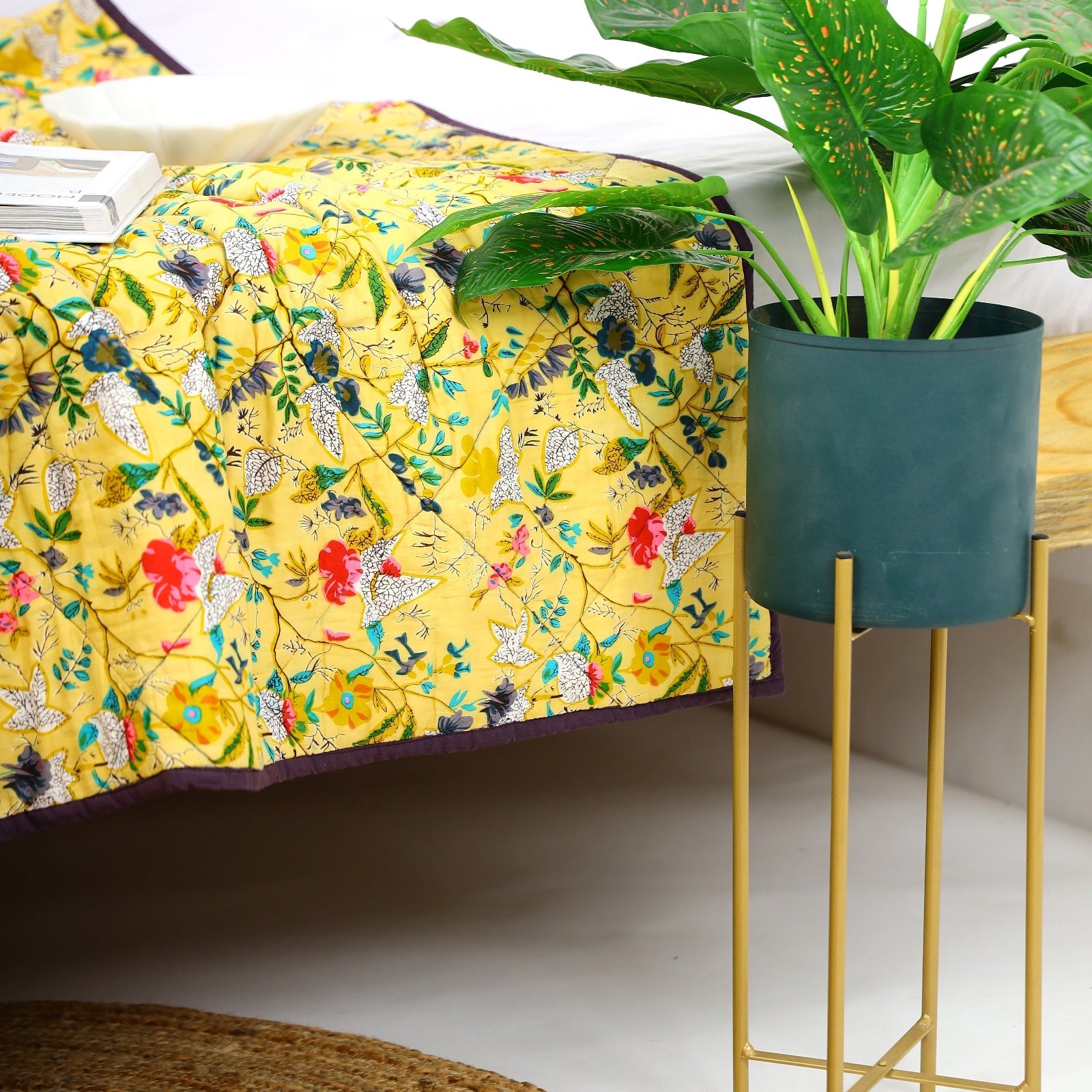 Velvet Floral Kantha Quilt - Bird Paradise Citrus