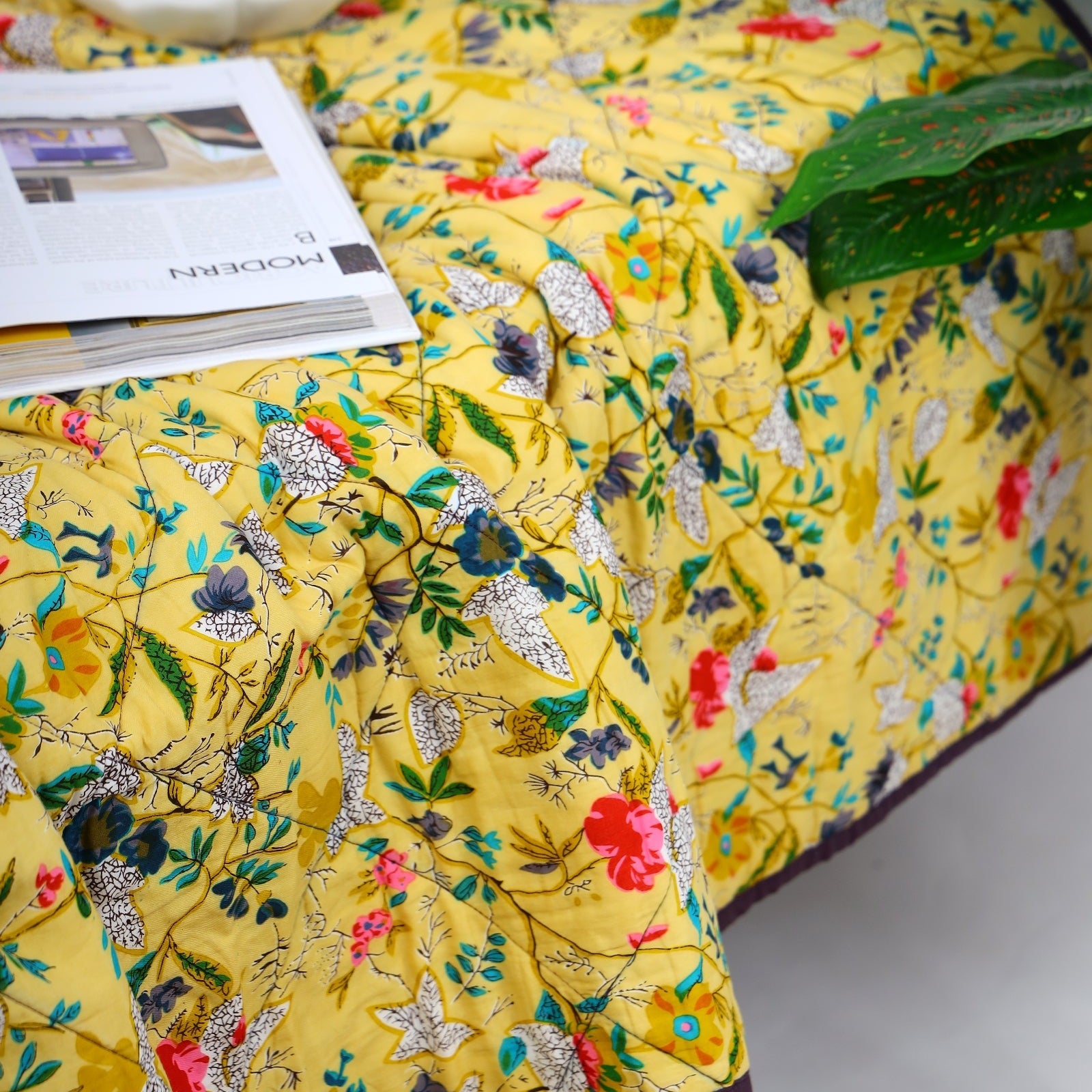 Velvet Floral Kantha Quilt - Bird Paradise Citrus