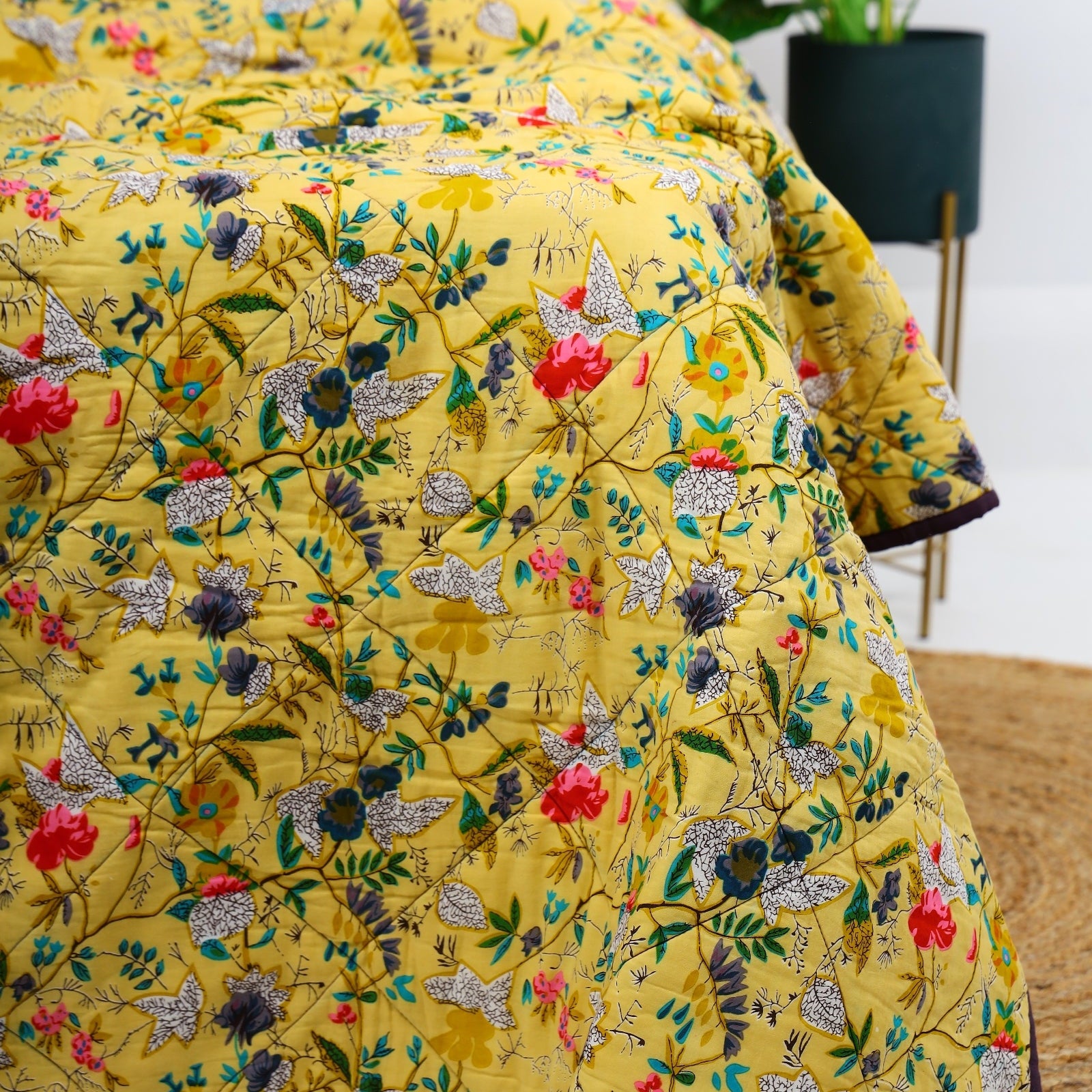 Velvet Floral Kantha Quilt - Bird Paradise Citrus