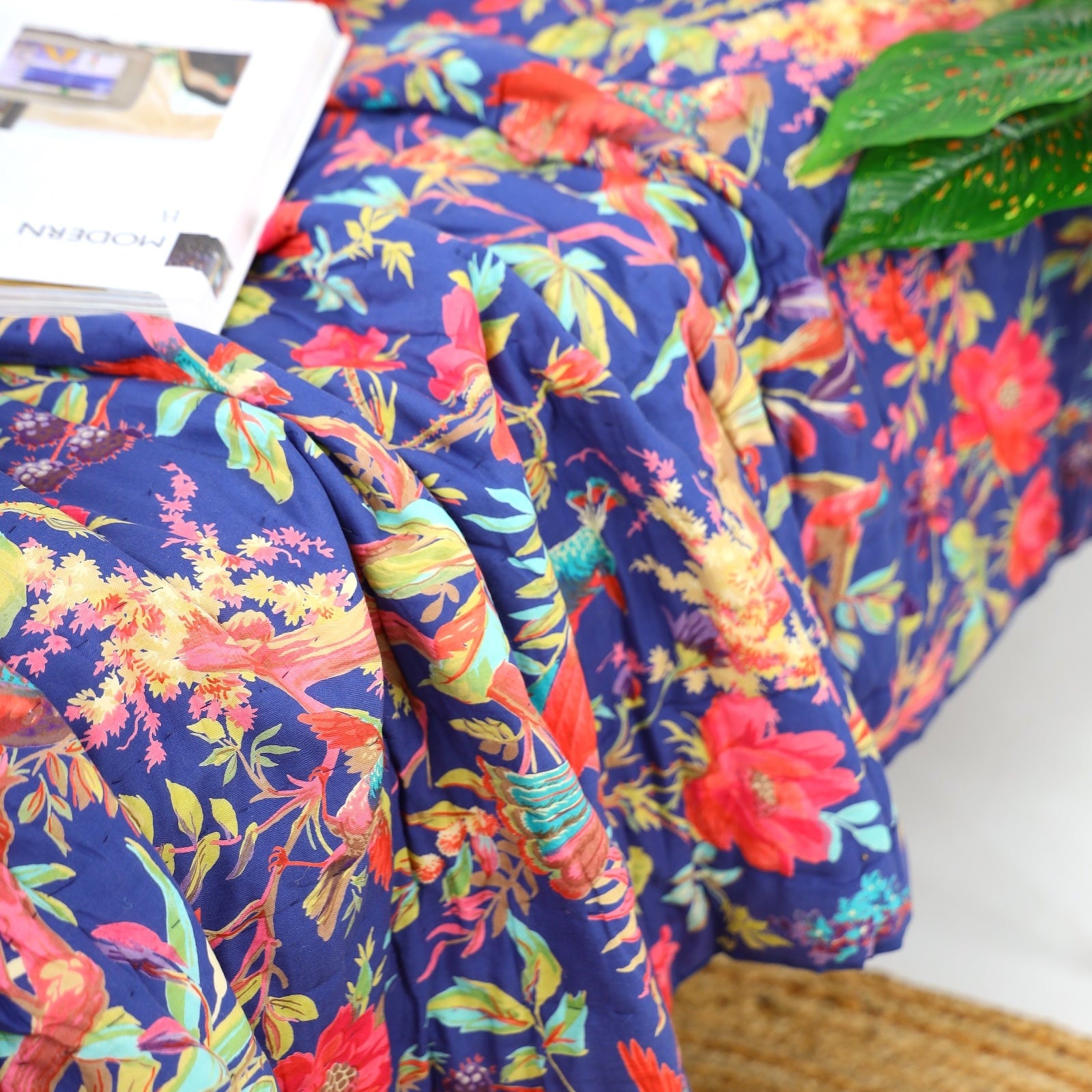 Velvet Floral Kantha Quilt - Bright Blue Bird