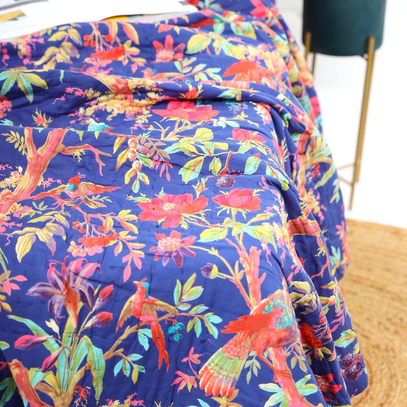 Velvet Floral Kantha Quilt - Bright Blue Bird