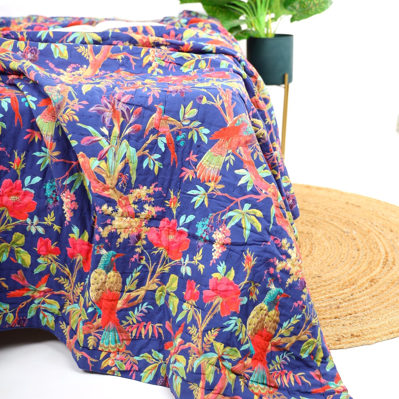 Velvet Floral Kantha Quilt - Bright Blue Bird