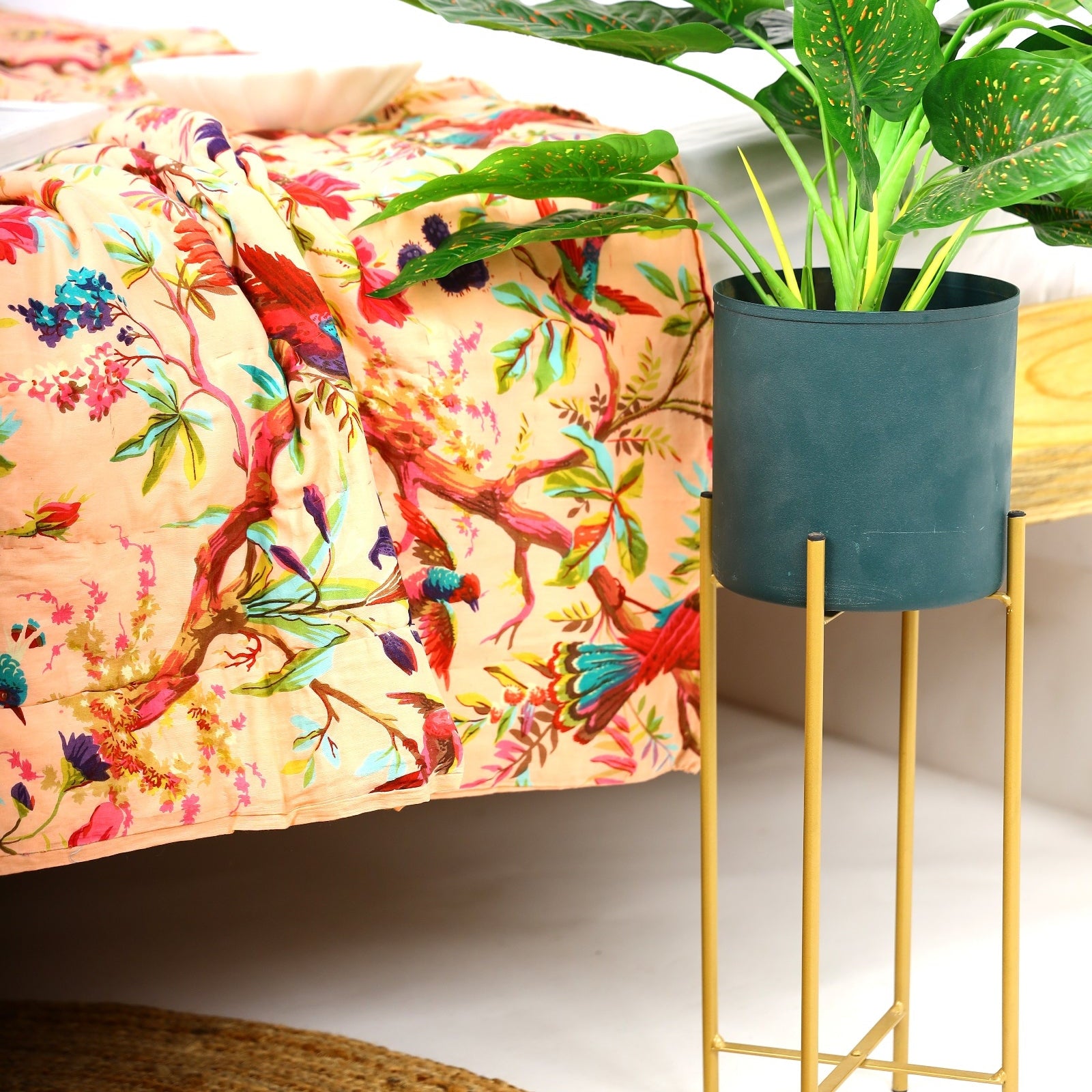 Velvet Floral Kantha Quilt - Bird Paradise Baby Pink