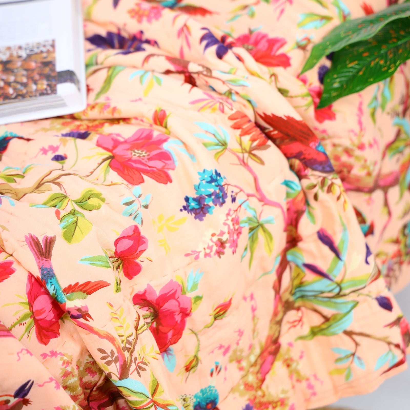Velvet Floral Kantha Quilt - Bird Paradise Baby Pink