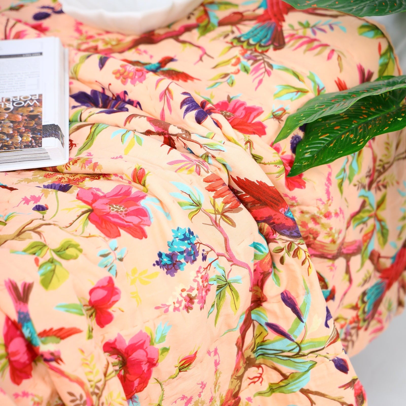 Velvet Floral Kantha Quilt - Bird Paradise Baby Pink