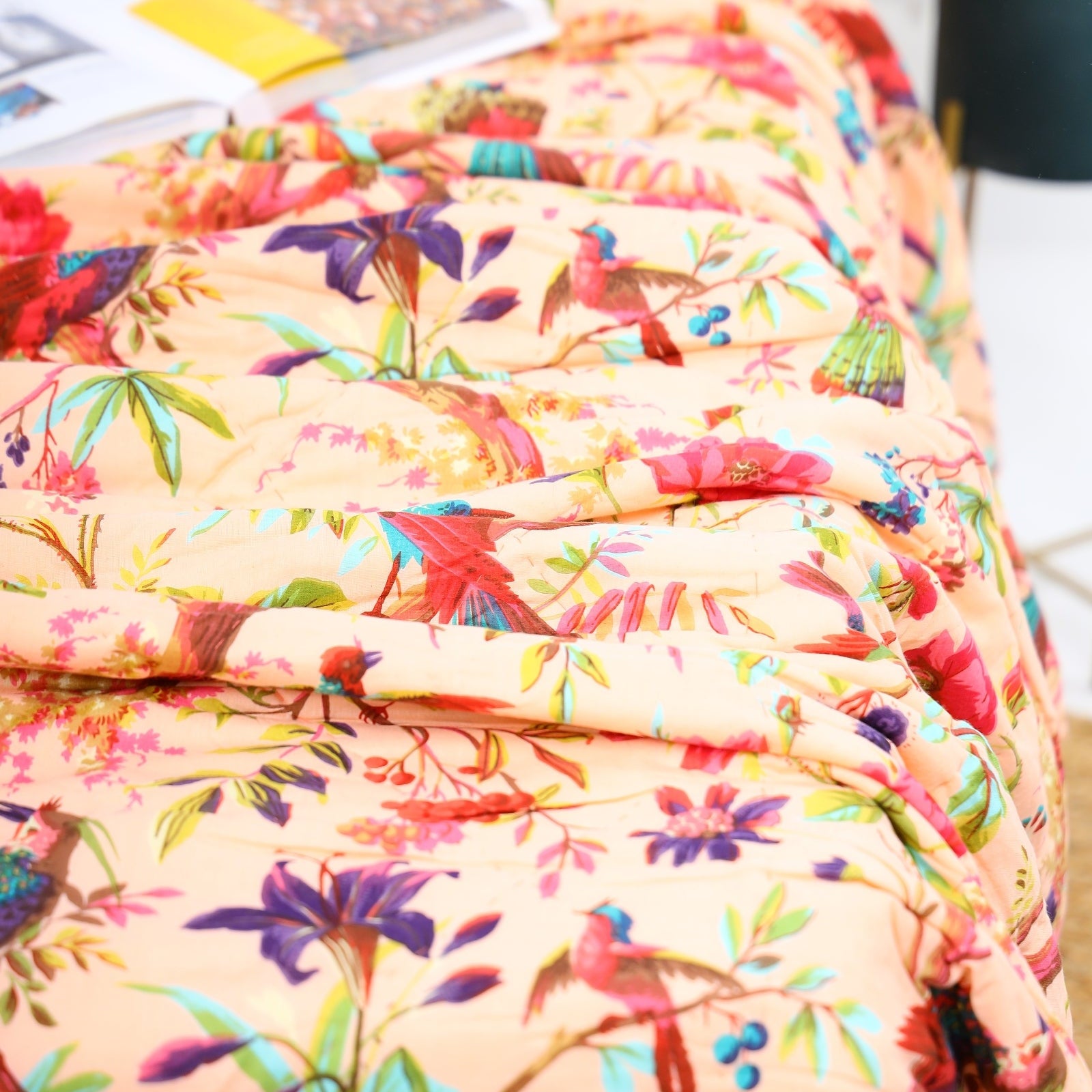 Velvet Floral Kantha Quilt - Bird Paradise Baby Pink