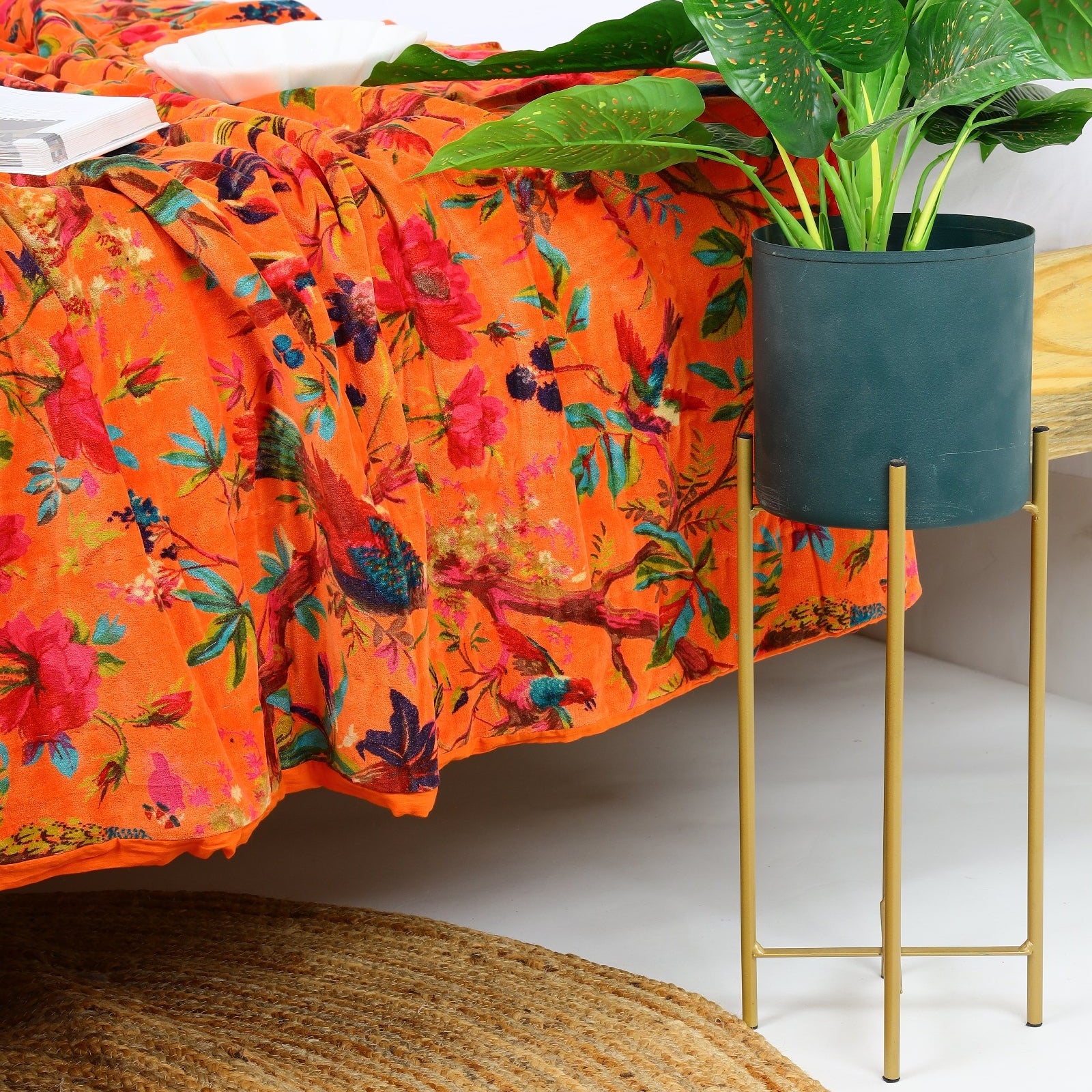 Velvet Floral Kantha Quilt - Bird Paradise Orange