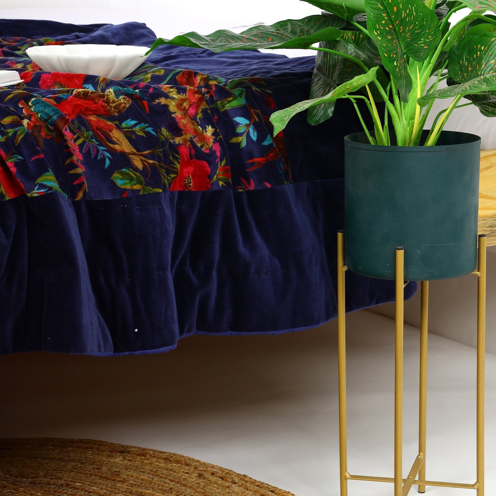 Velvet Floral Kantha Quilt - Bird Paradise Blue