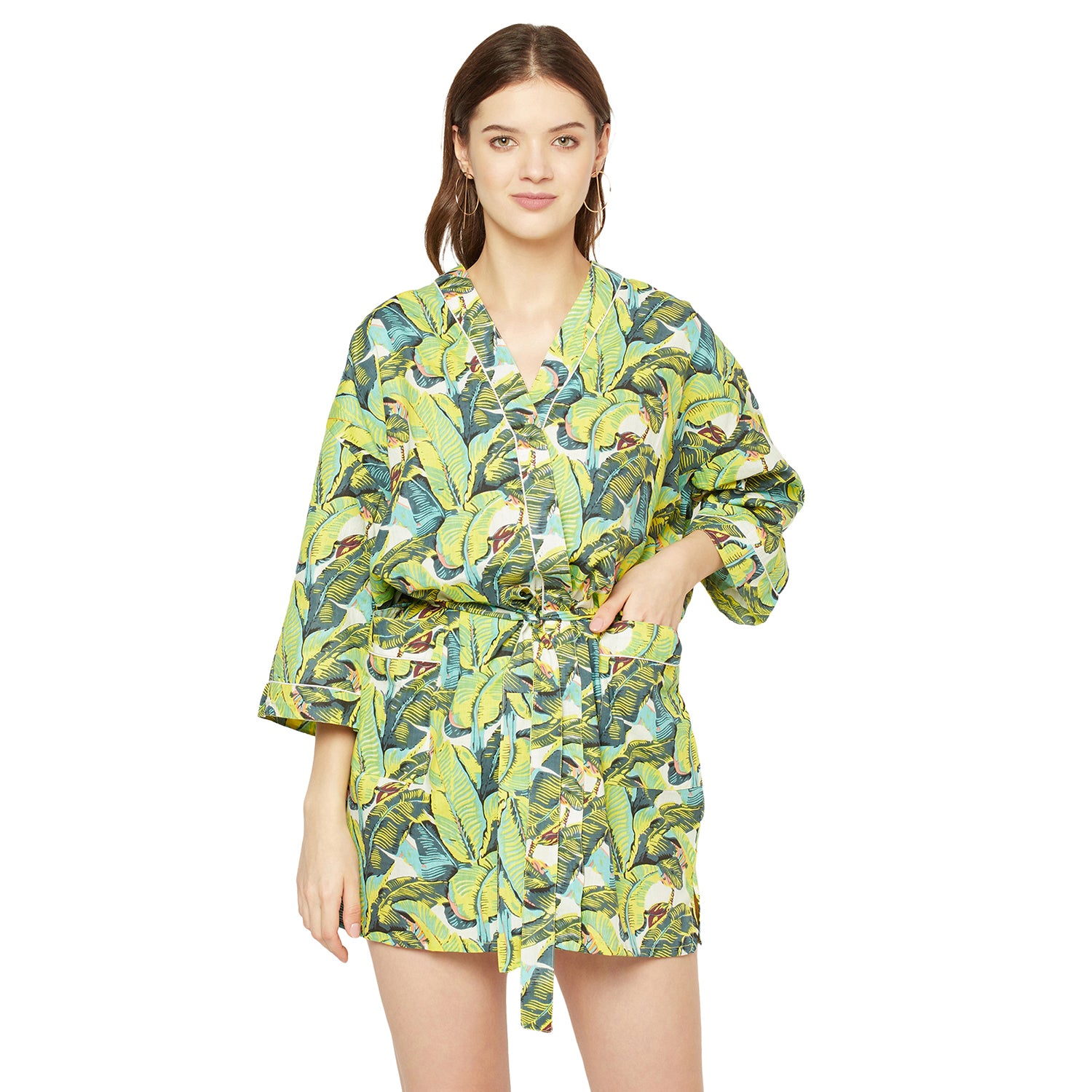 'Verdant Vibes' 100% Cotton Kimono Robe