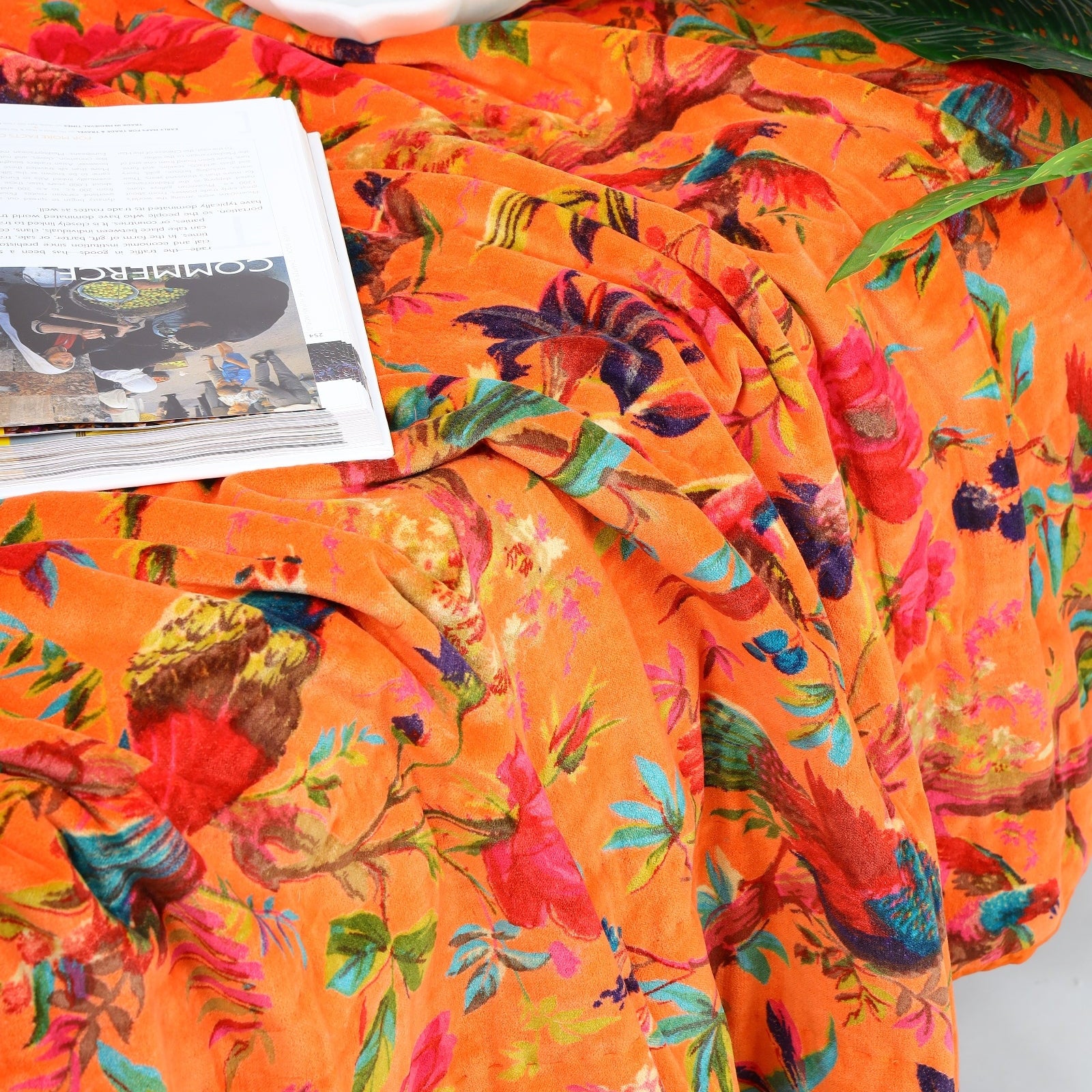 Velvet Floral Kantha Quilt - Bird Paradise Orange