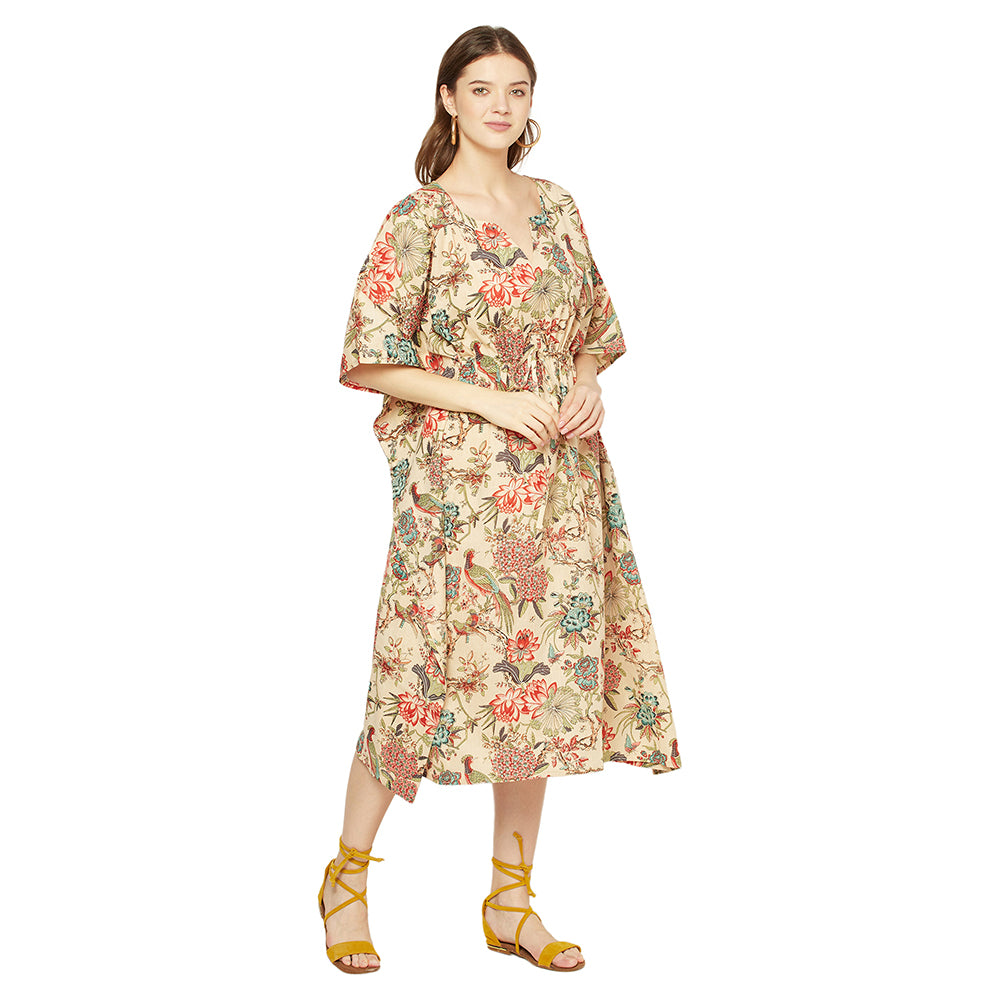 'Beige Blossoms' 100% Cotton Kaftan