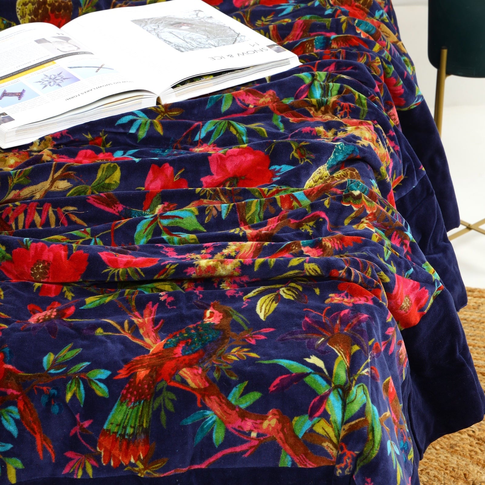 Velvet Floral Kantha Quilt - Bird Paradise Blue