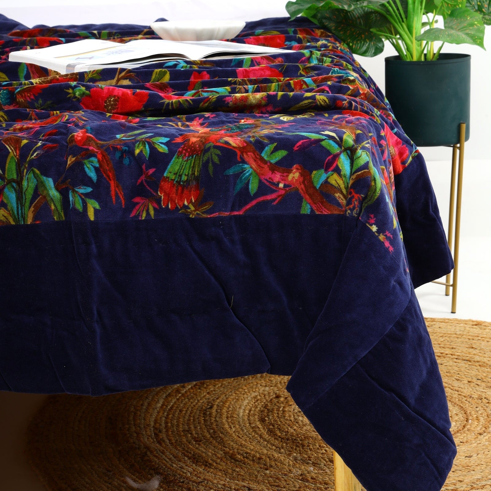 Velvet Floral Kantha Quilt - Bird Paradise Blue