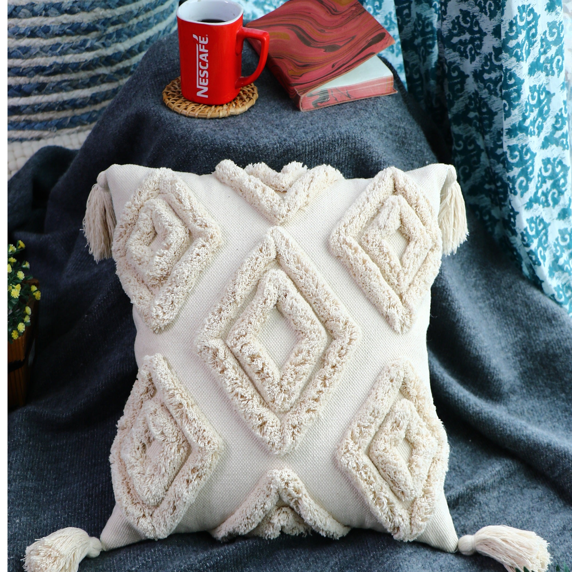 'Eclectic Elegance' Hand-Woven Cotton Wool Cushion Cover