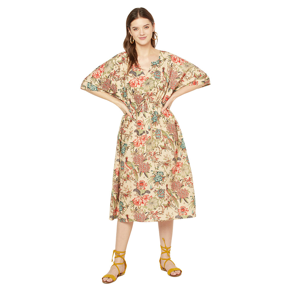 'Beige Blossoms' 100% Cotton Kaftan
