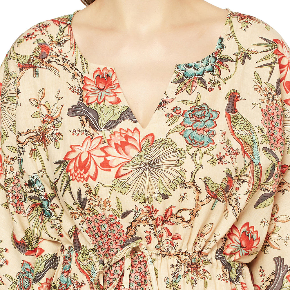 'Beige Blossoms' 100% Cotton Kaftan