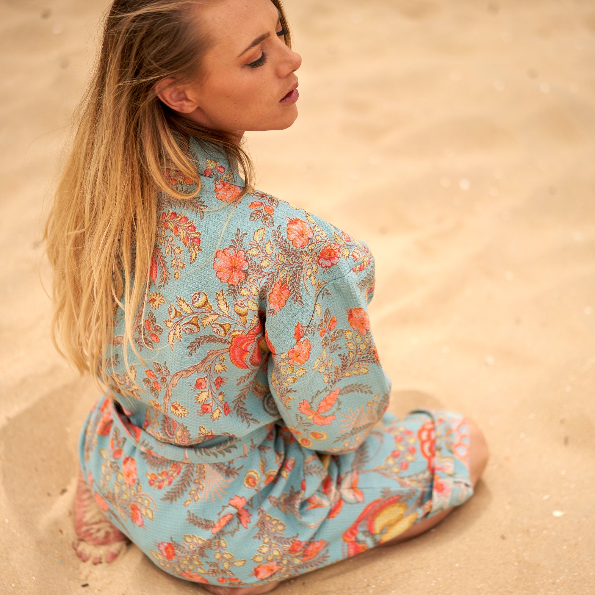 'Serene Blooms' 100% Waffle Cotton Kimono Robe Robe
