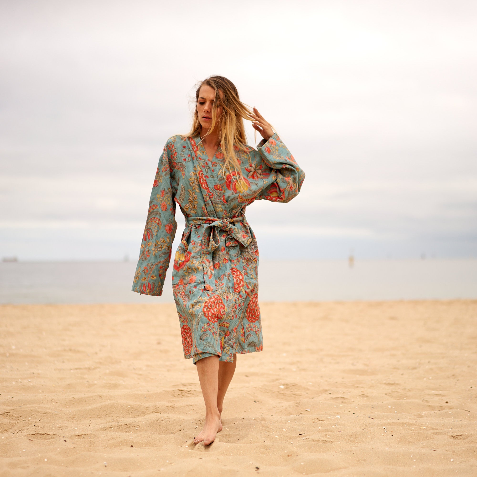 'Serene Blooms' 100% Waffle Cotton Kimono Robe Robe