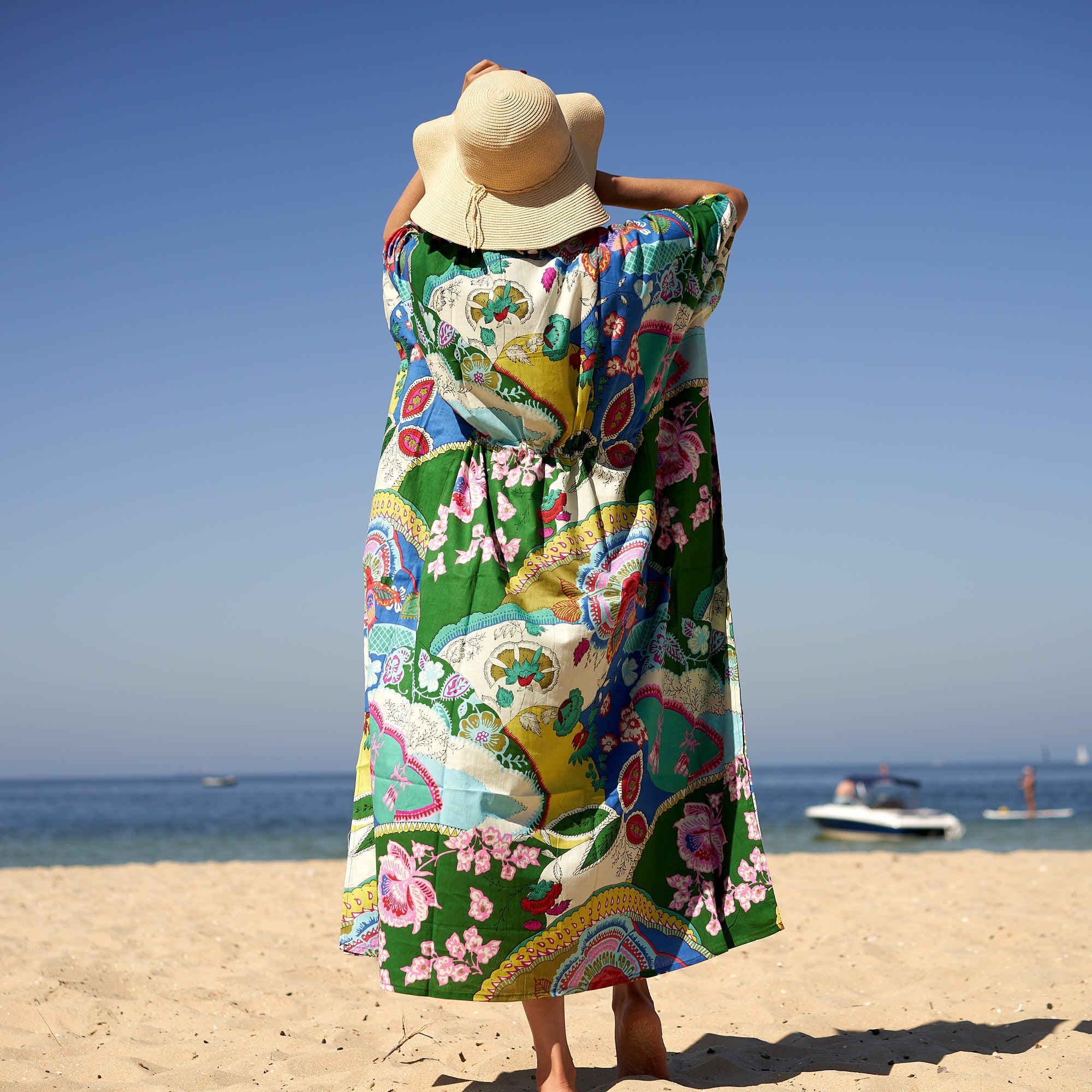 Resort wear floral kaftan dress with flowy beach silhouette
Artisan-inspired multicoloured cotton kaftan for vacation outfits
Women’s colourful cotton kaftan dress for relaxed coastal fashion