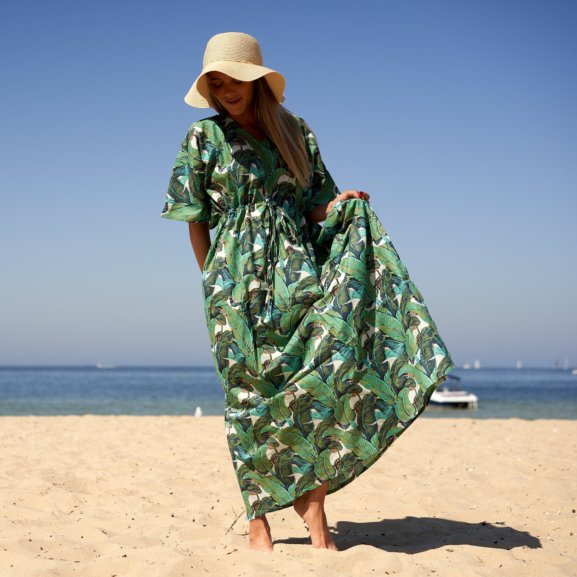 Resort wear jungle print kaftan dress women Australia
Artisan inspired tropical cotton kaftan beach styling
Women’s jungle oasis kaftan dress for coastal fashion