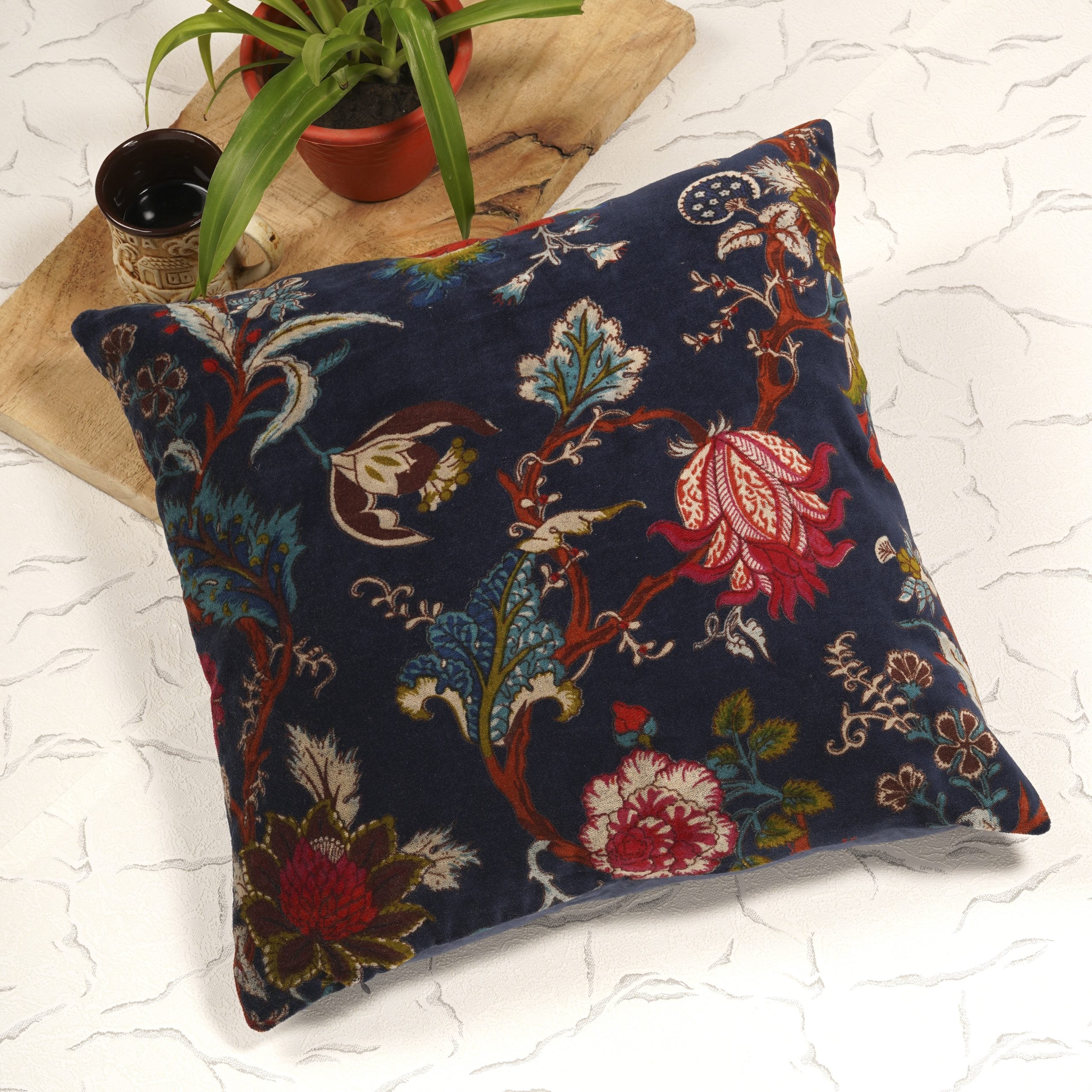 100% Cotton Velvet Cushion Cover - Blue Secret Garden