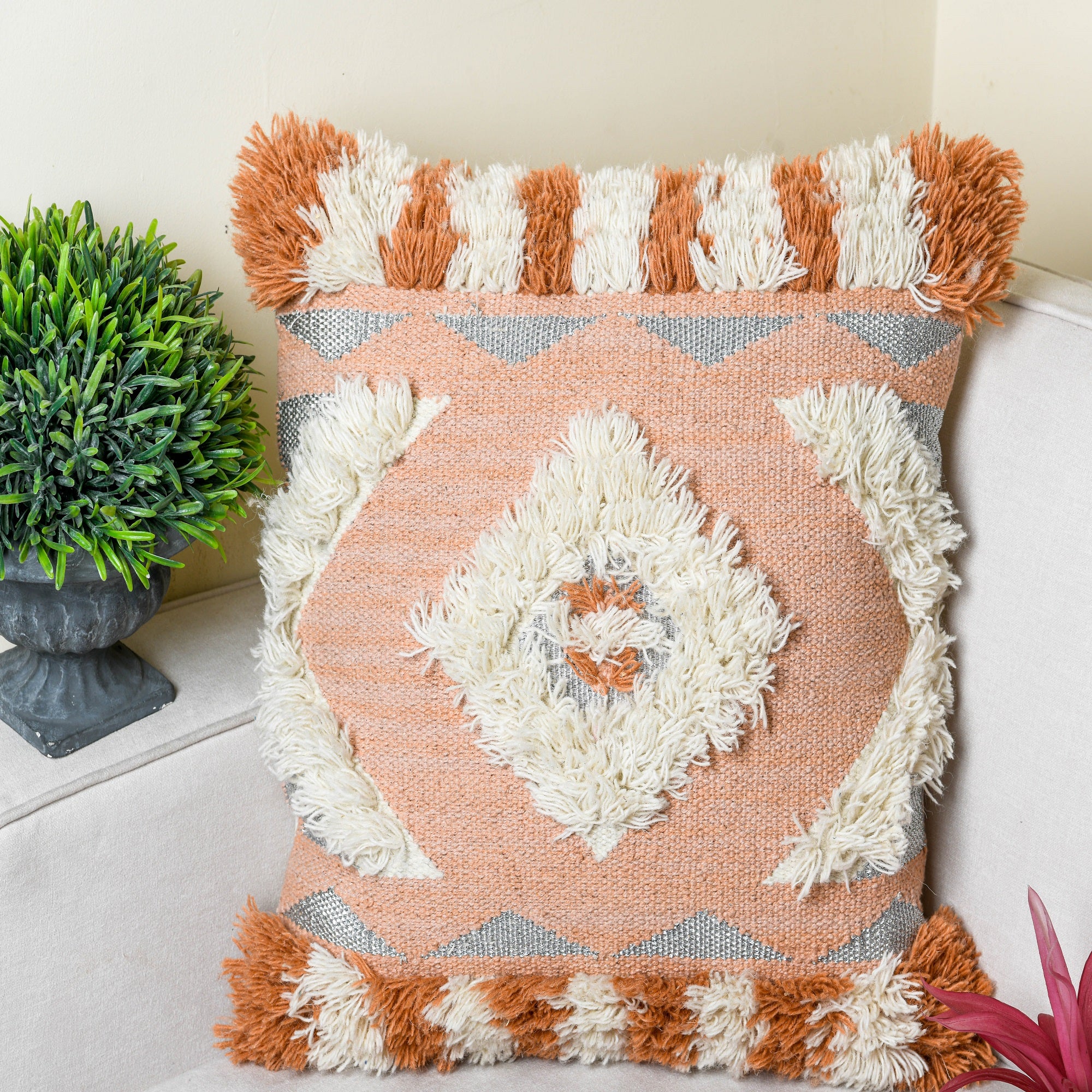 'Boho Oasis' Hand-Woven Cotton Wool Cushion Cover