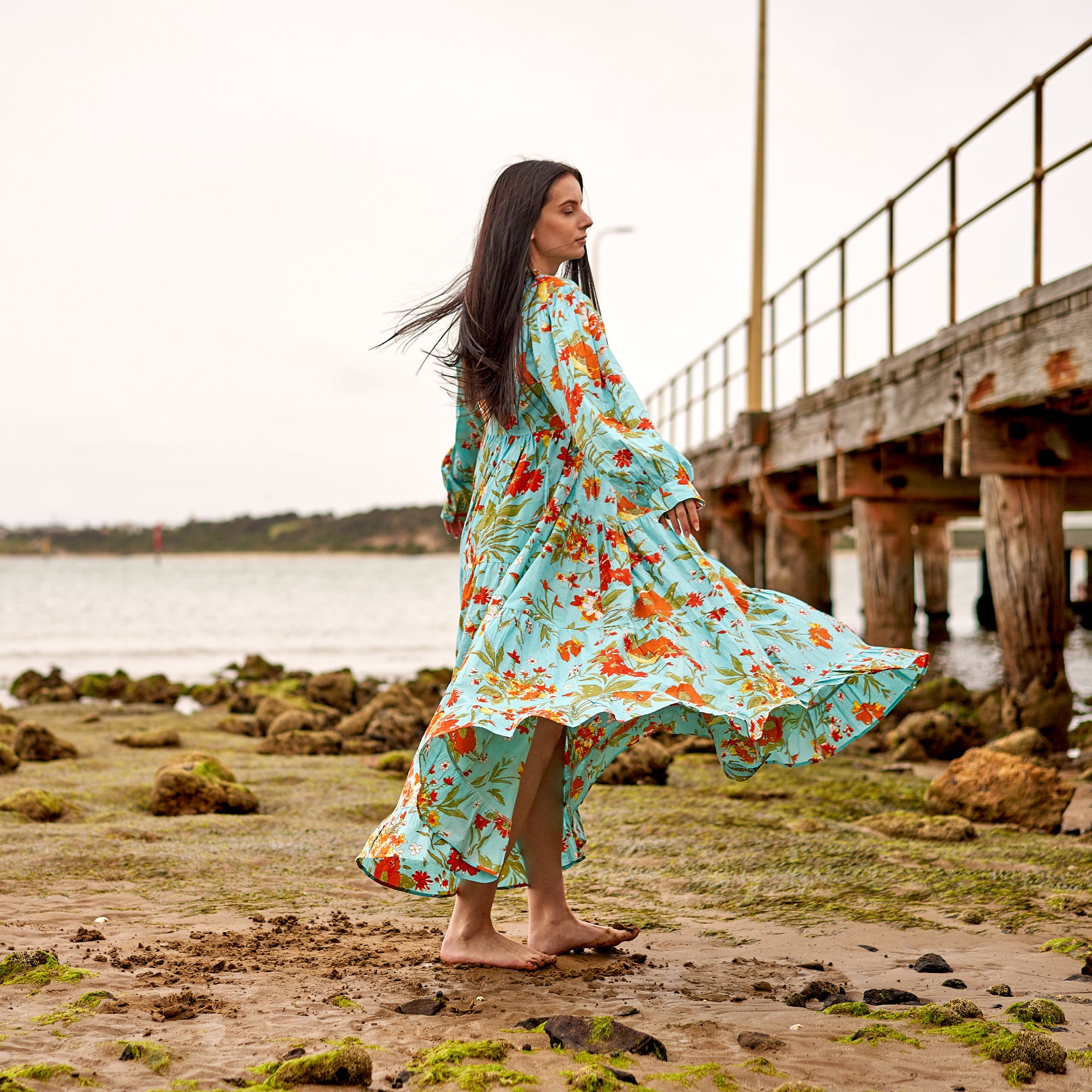 'Blue Florals' 100% Cotton Maxi Dress
