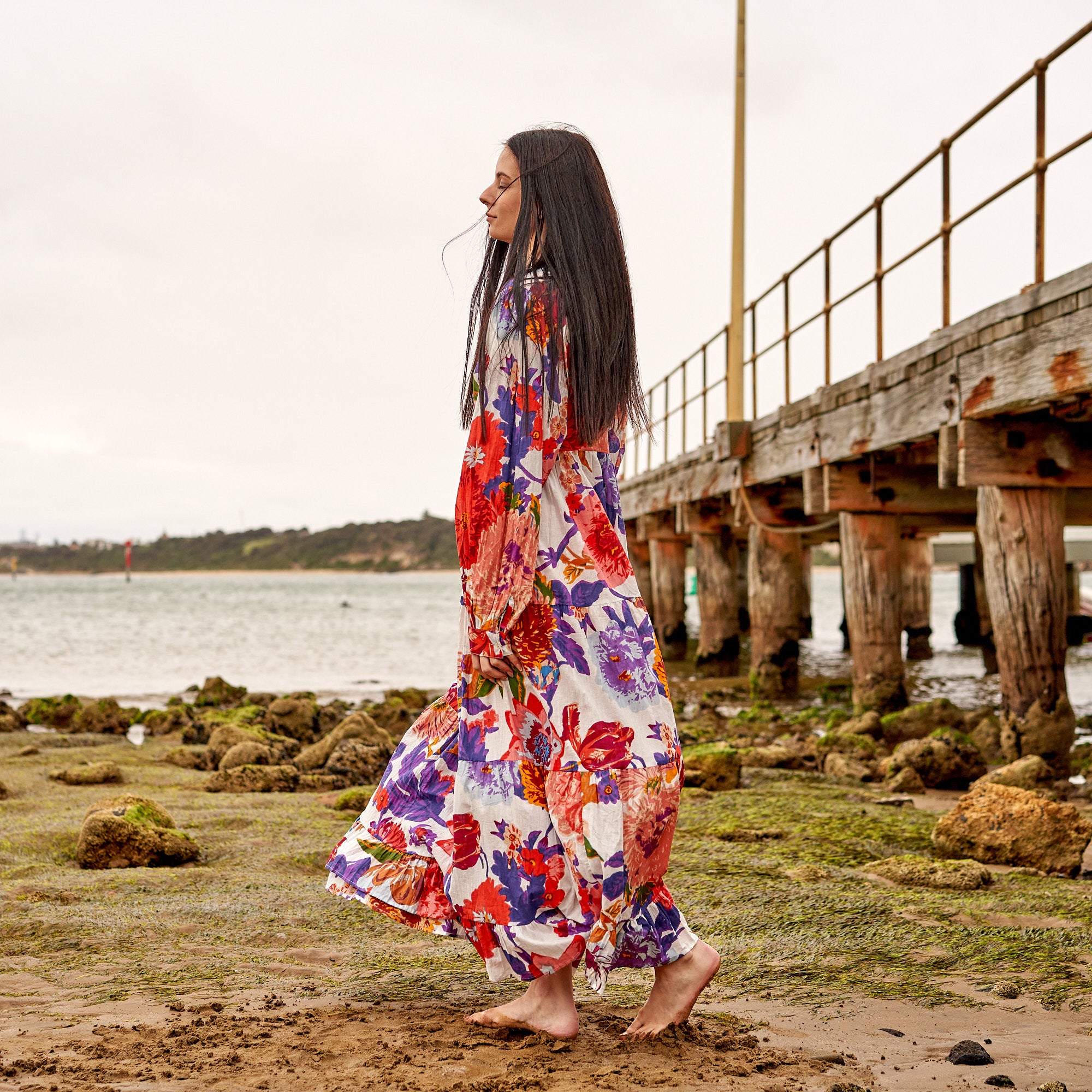 Cotton floral maxi dress V neck detail long sleeve boho dress Australia