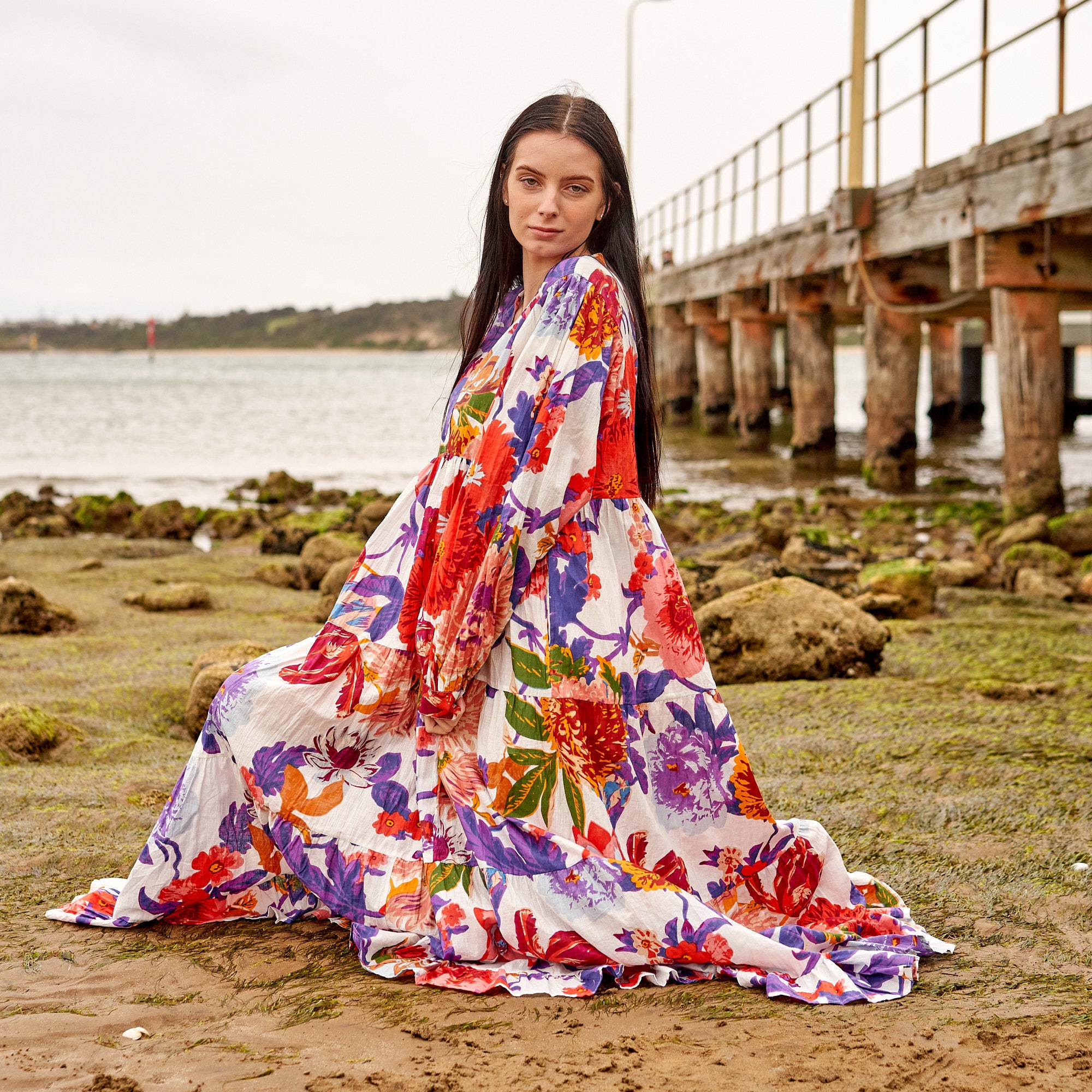 Boho floral maxi dress cotton relaxed fit long sleeve dress back view