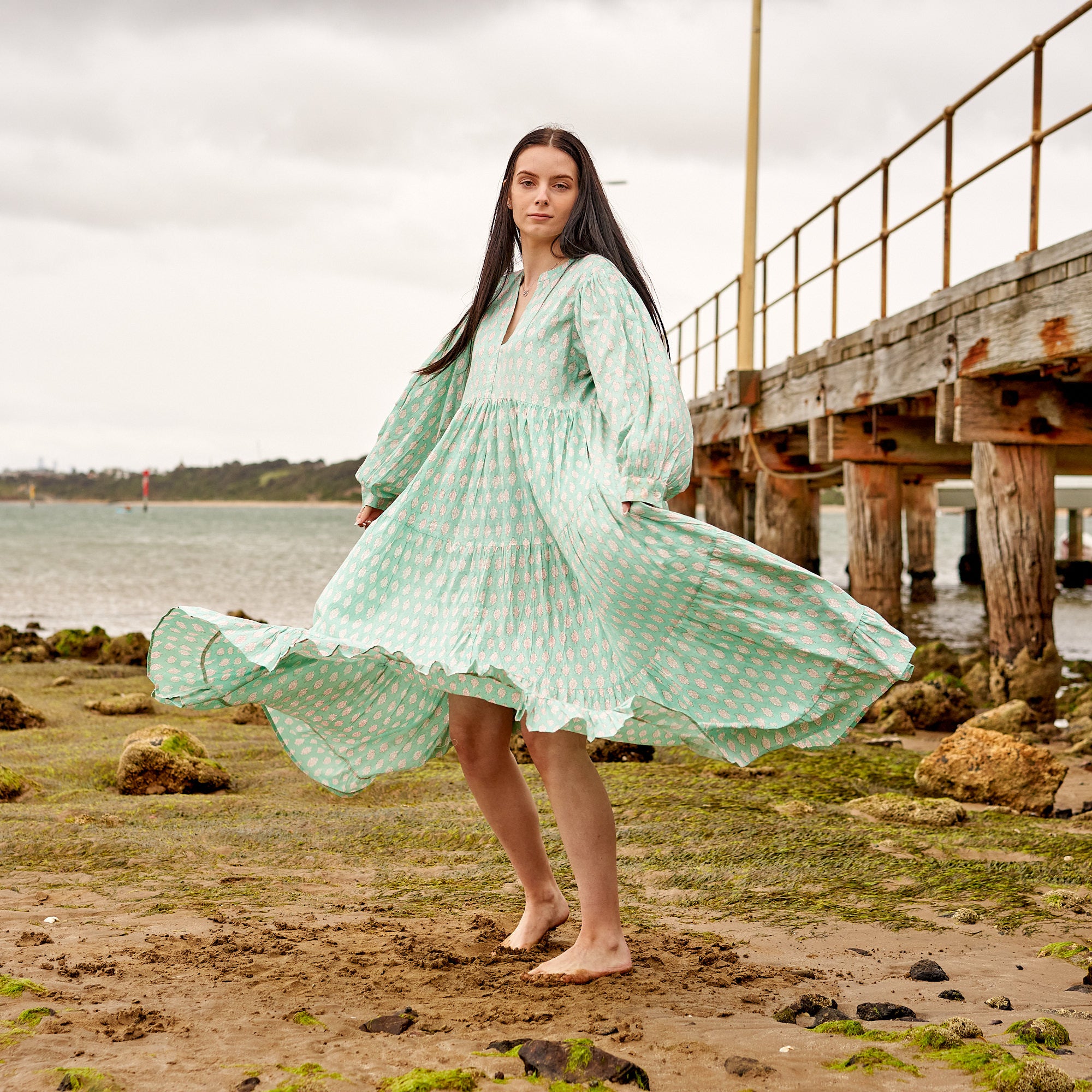 Long sleeve cotton maxi dress, relaxed and breathable fit