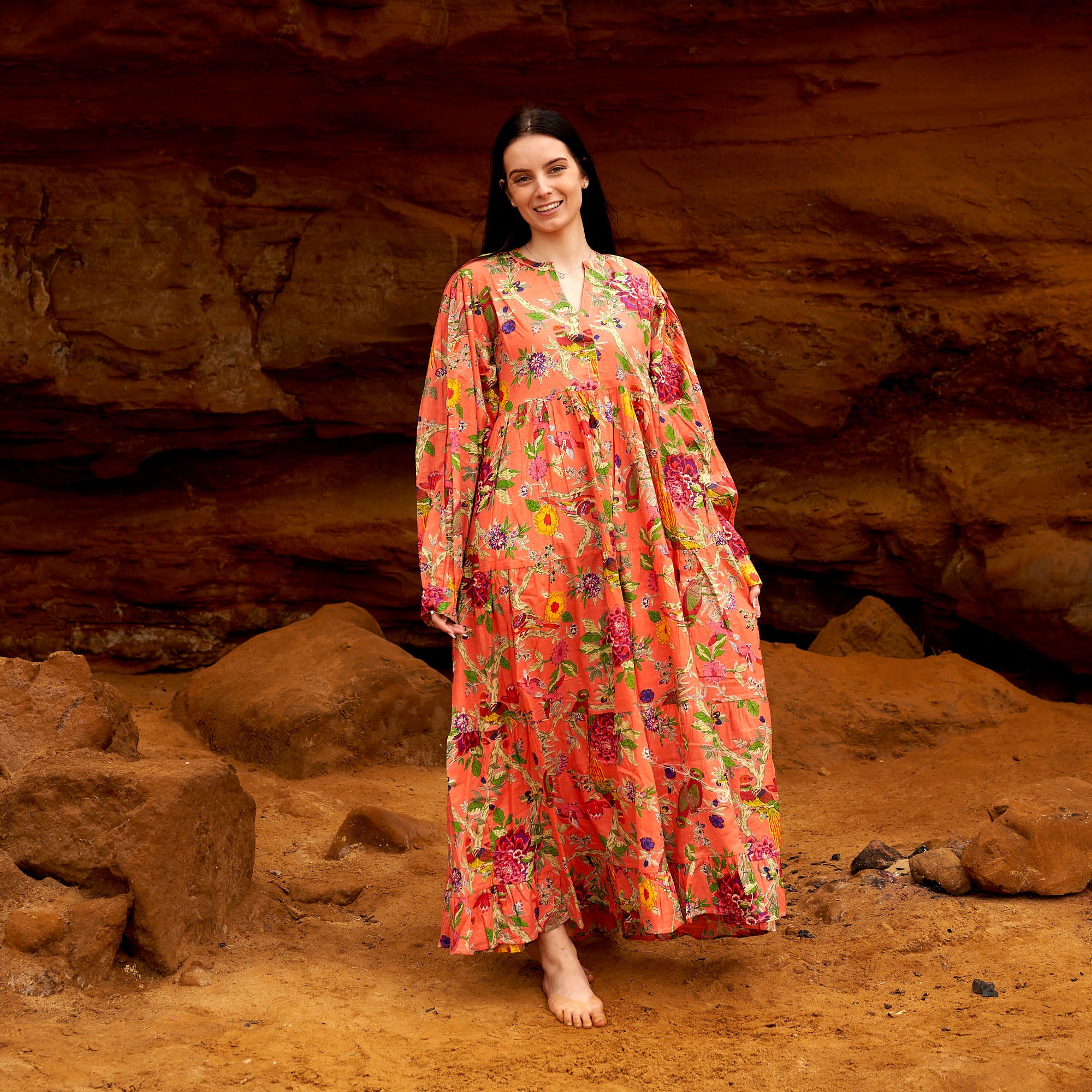 'Citrine Blooms' 100% Cotton Maxi Dress