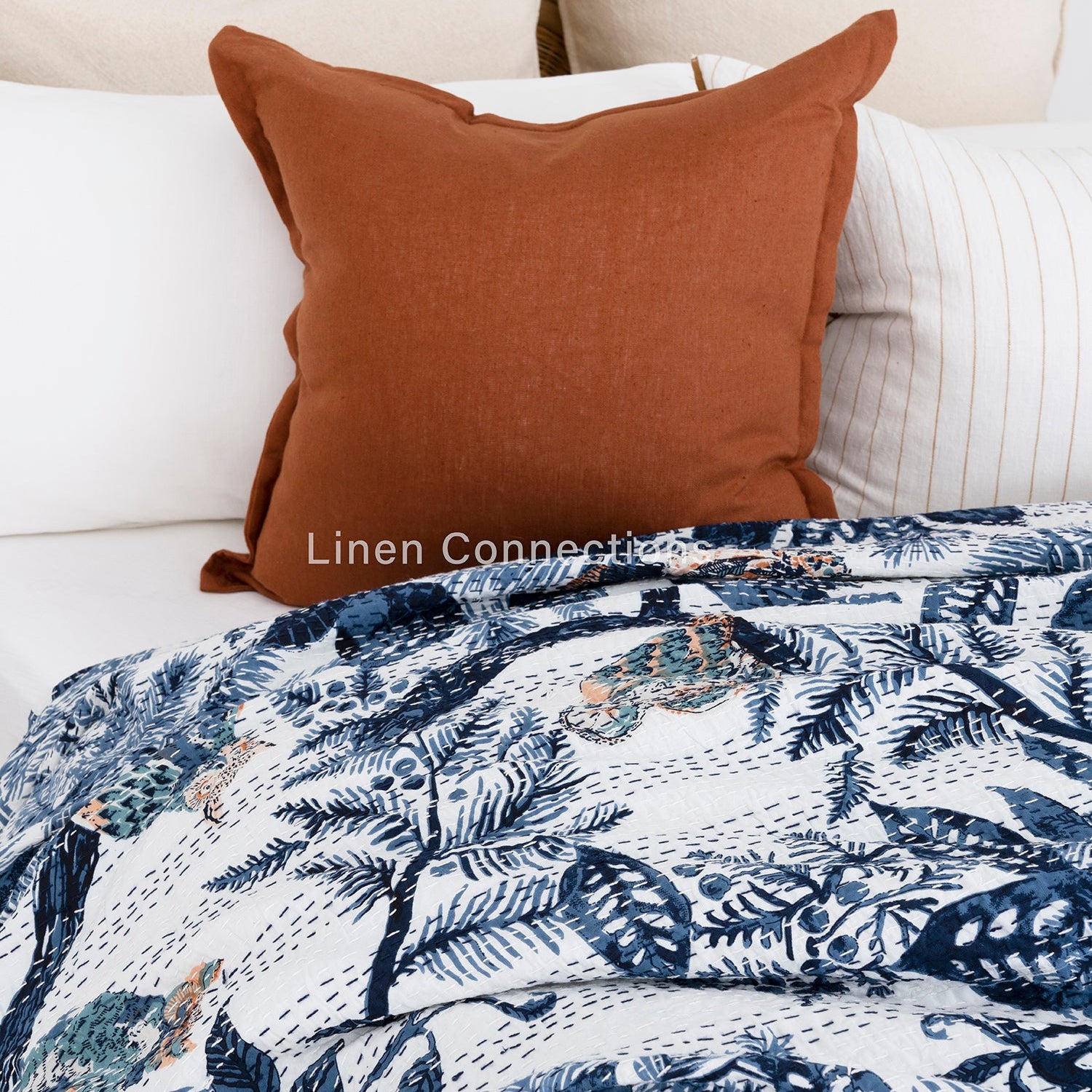 Linen Connections Indian Kantha Quilt - Blue Owl