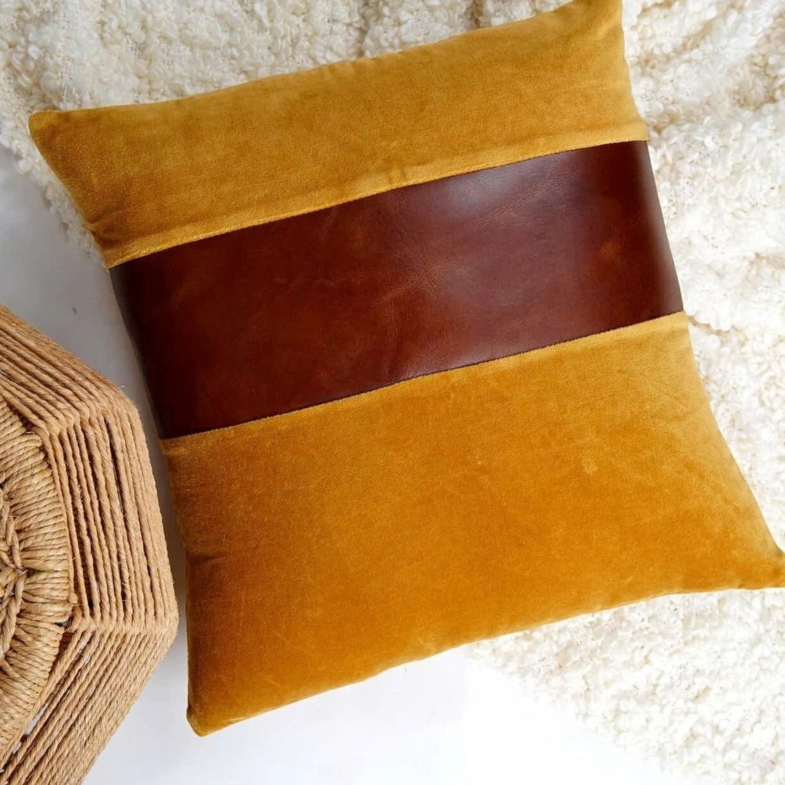Genuine Tan Leather Cushion Cover - Vintage Mustard