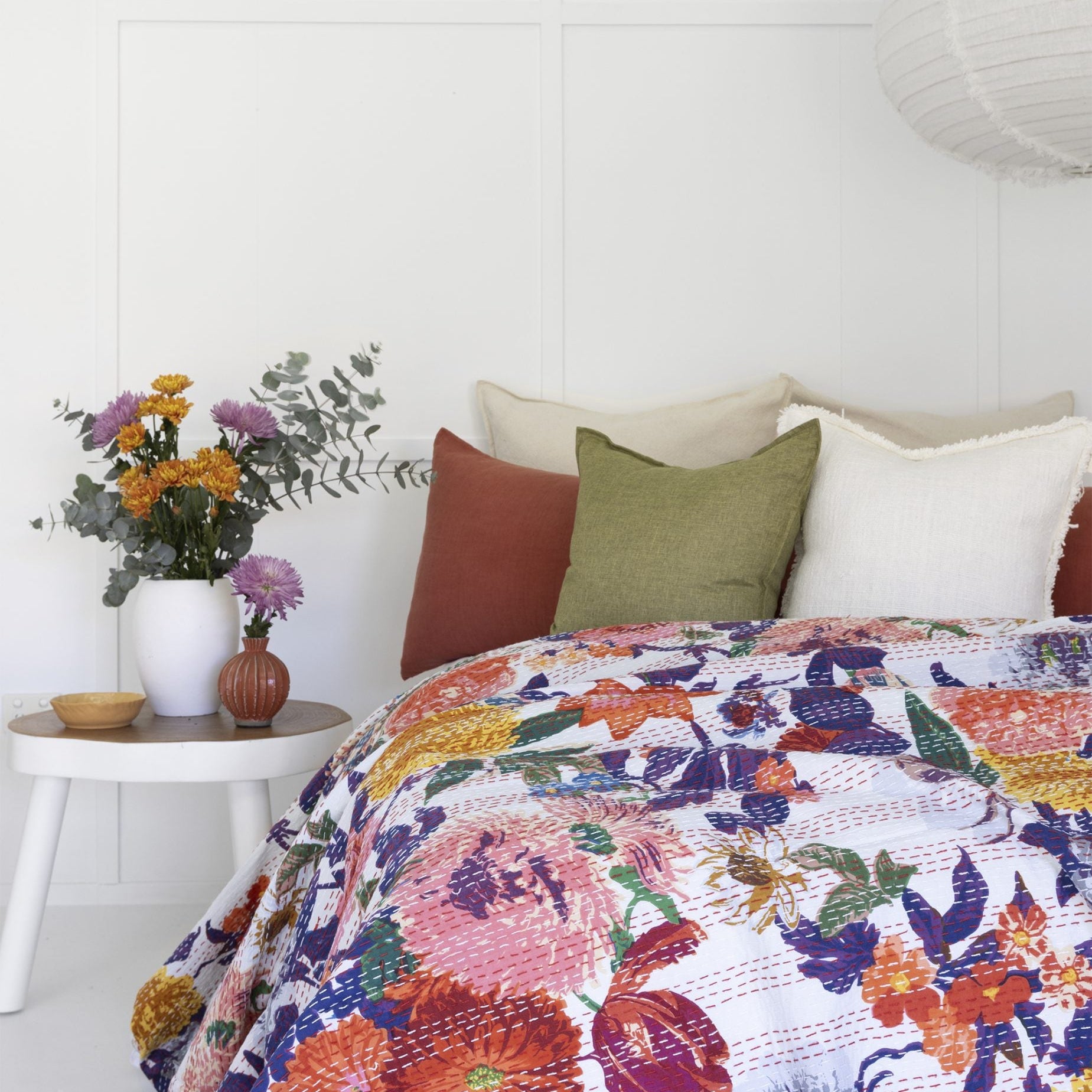 Indian Kantha Quilt Blanket Bedspread Throw Duvet - Anthro White