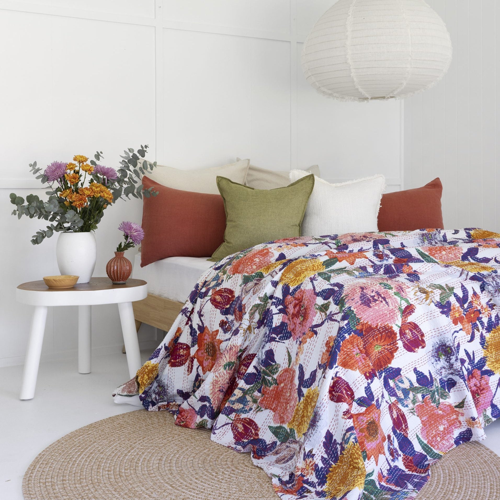 Indian Kantha Quilt Blanket Bedspread Throw Duvet - Anthro White