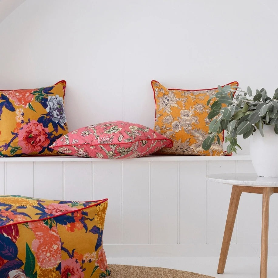 Mexican Frida Floral Cotton Cushion Cover - Anthro Mustard