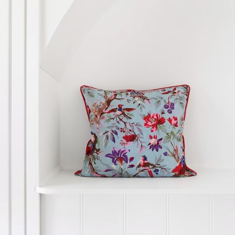 Mexican Frida Floral Cotton Cushion Cover - Bird Freedom Blue