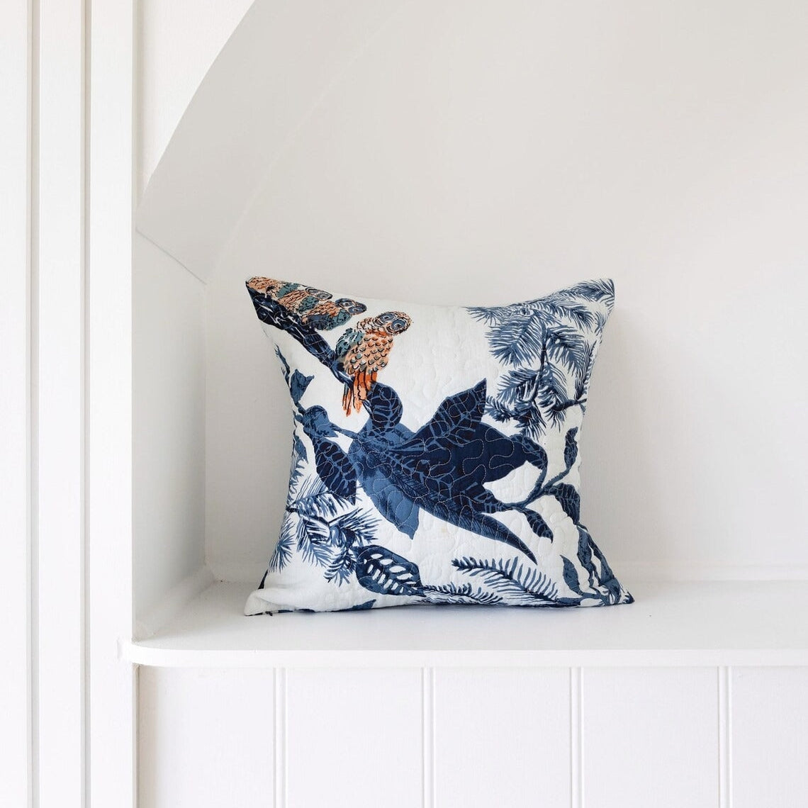 Mexican Frida Floral Cotton Cushion Cover - White Blue Owl