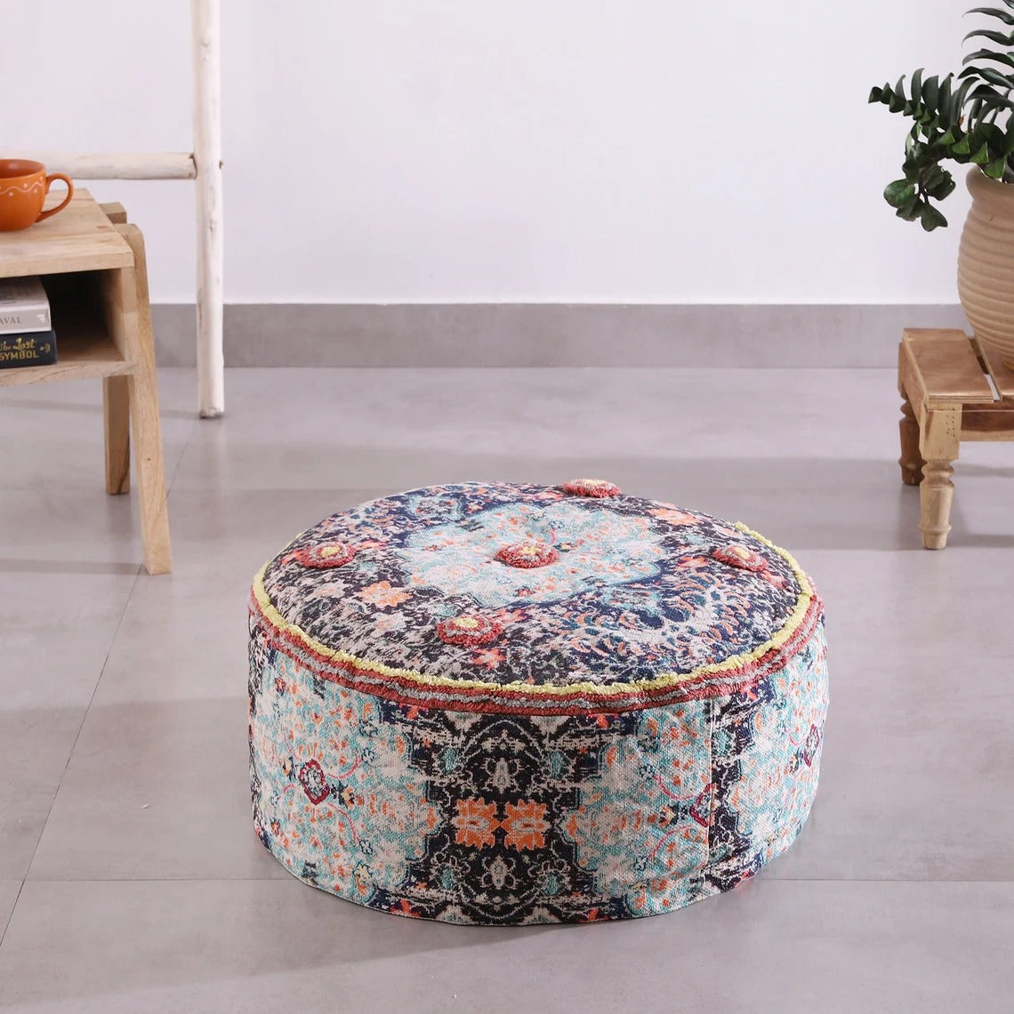 Moroccan Ottoman Cushion Cover, Pouf - Round Footstool