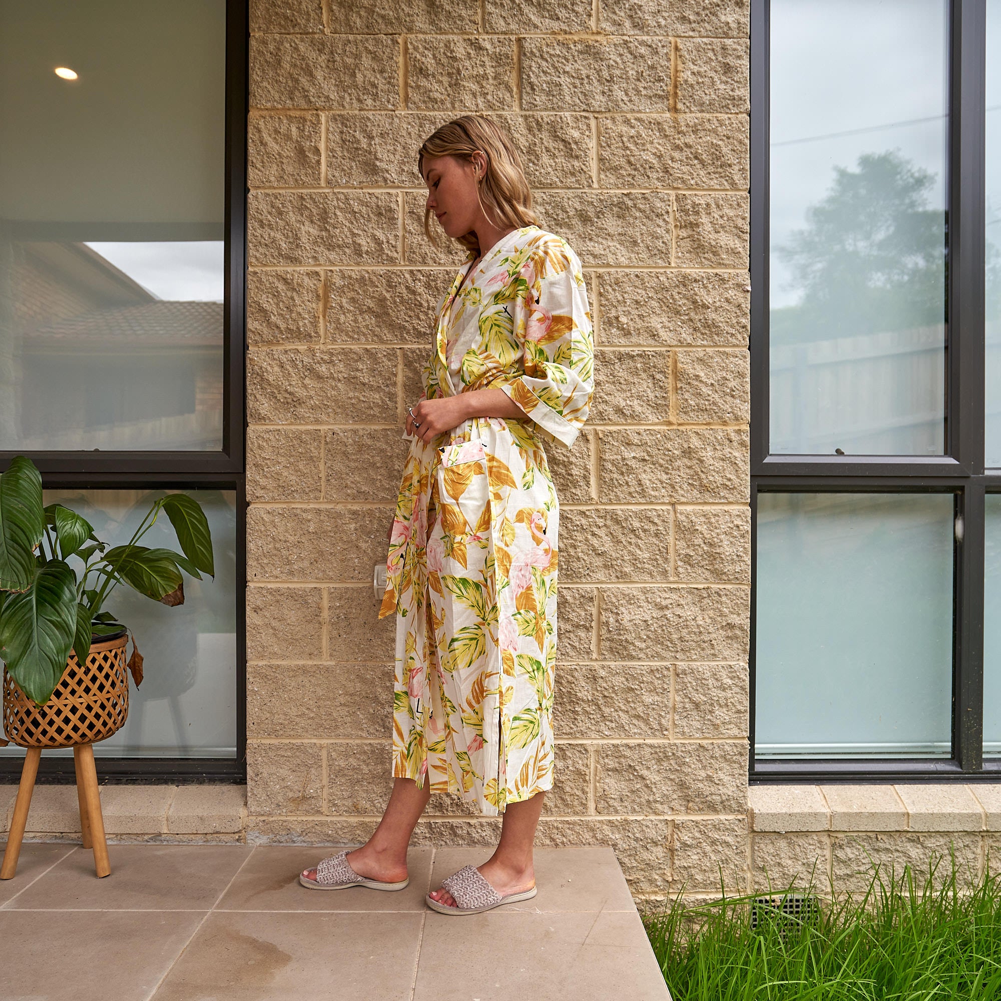 'Flamingo Dreams' 100% Cotton Kimono Robe