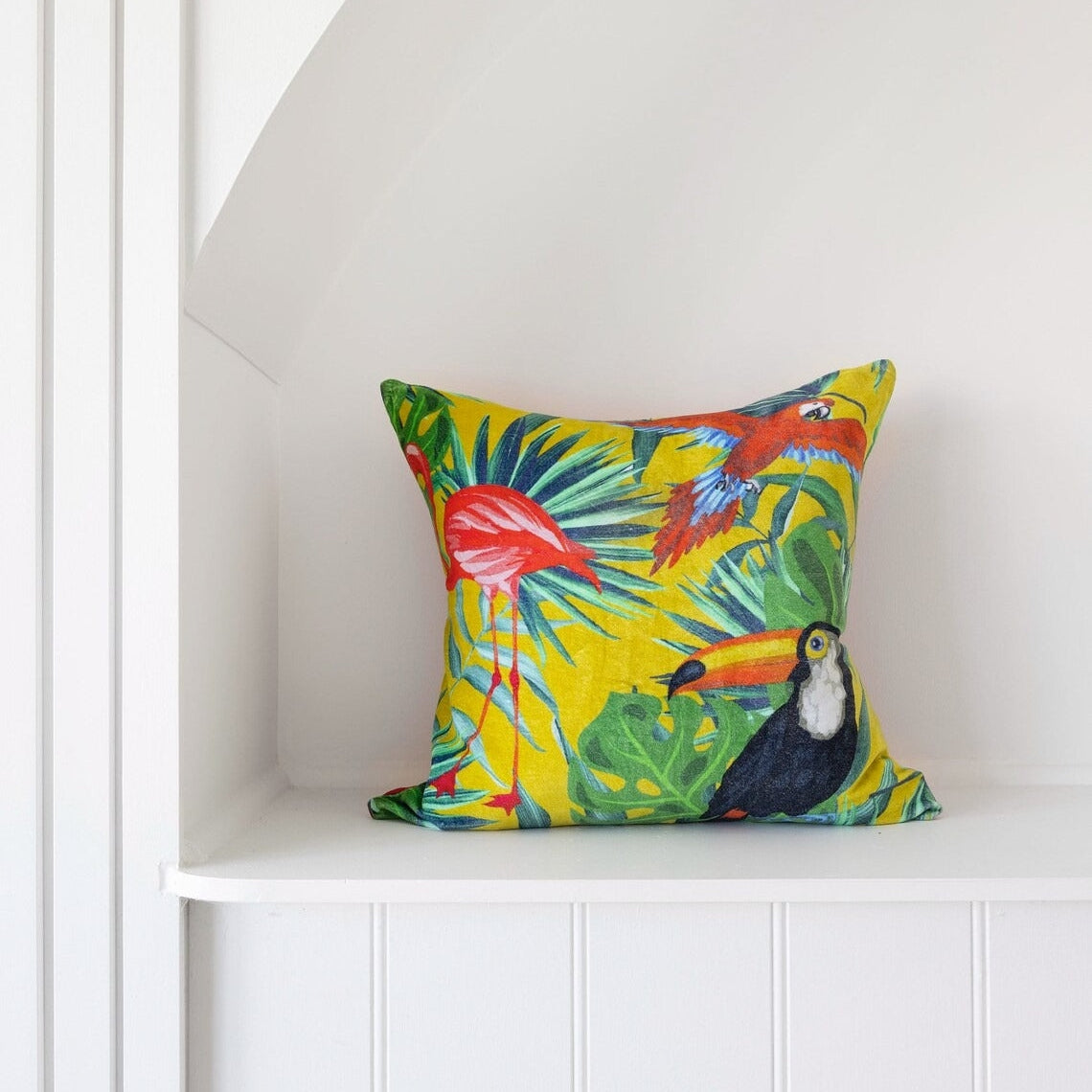 Tropical Birds Velvet Cushion Cover Peacock Mischief