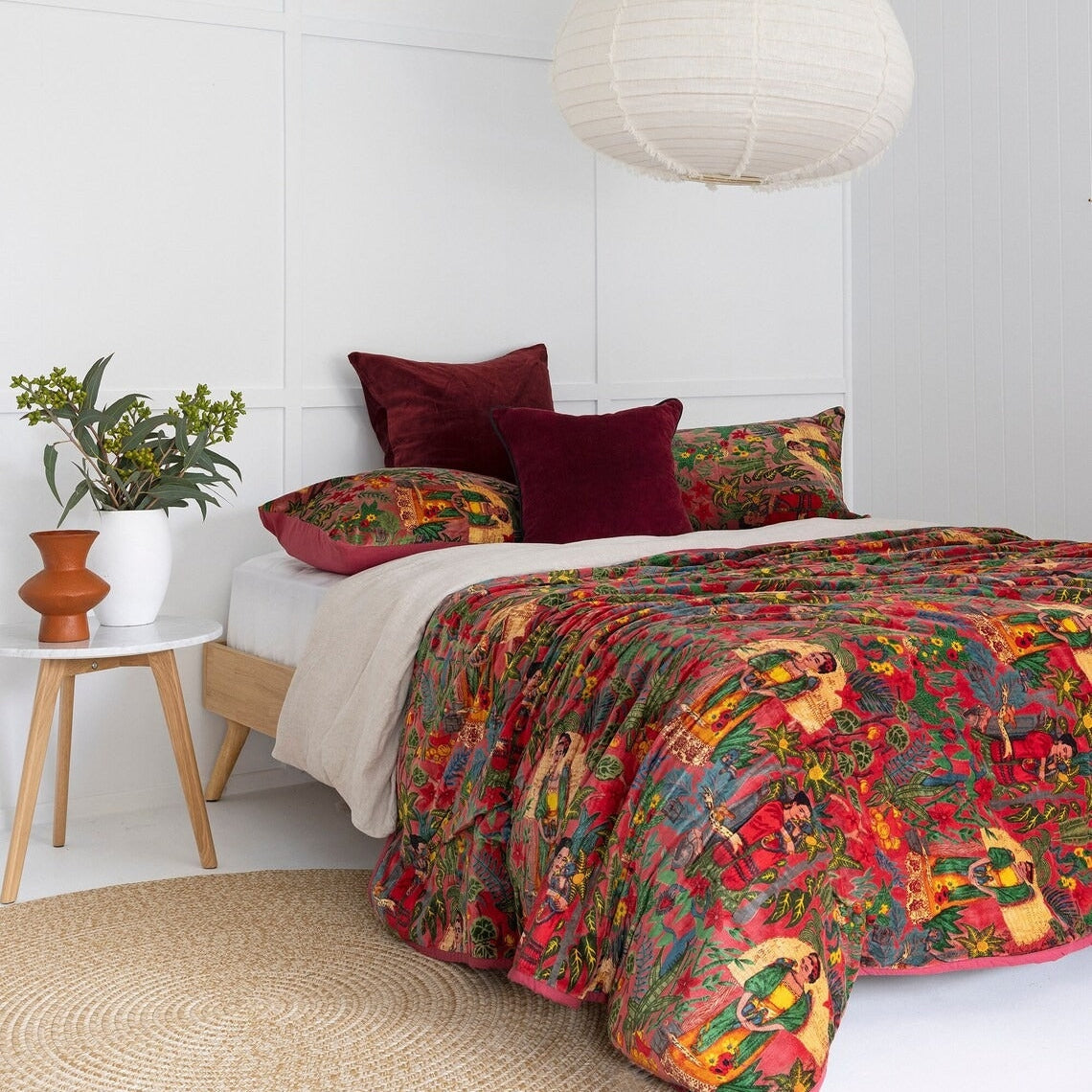 Velvet Kantha Quilt Patchwork Handmade Blanket - Frida Red