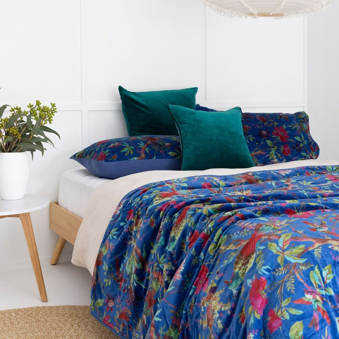 Velvet Floral Kantha Quilt - Bird Paradise Blue