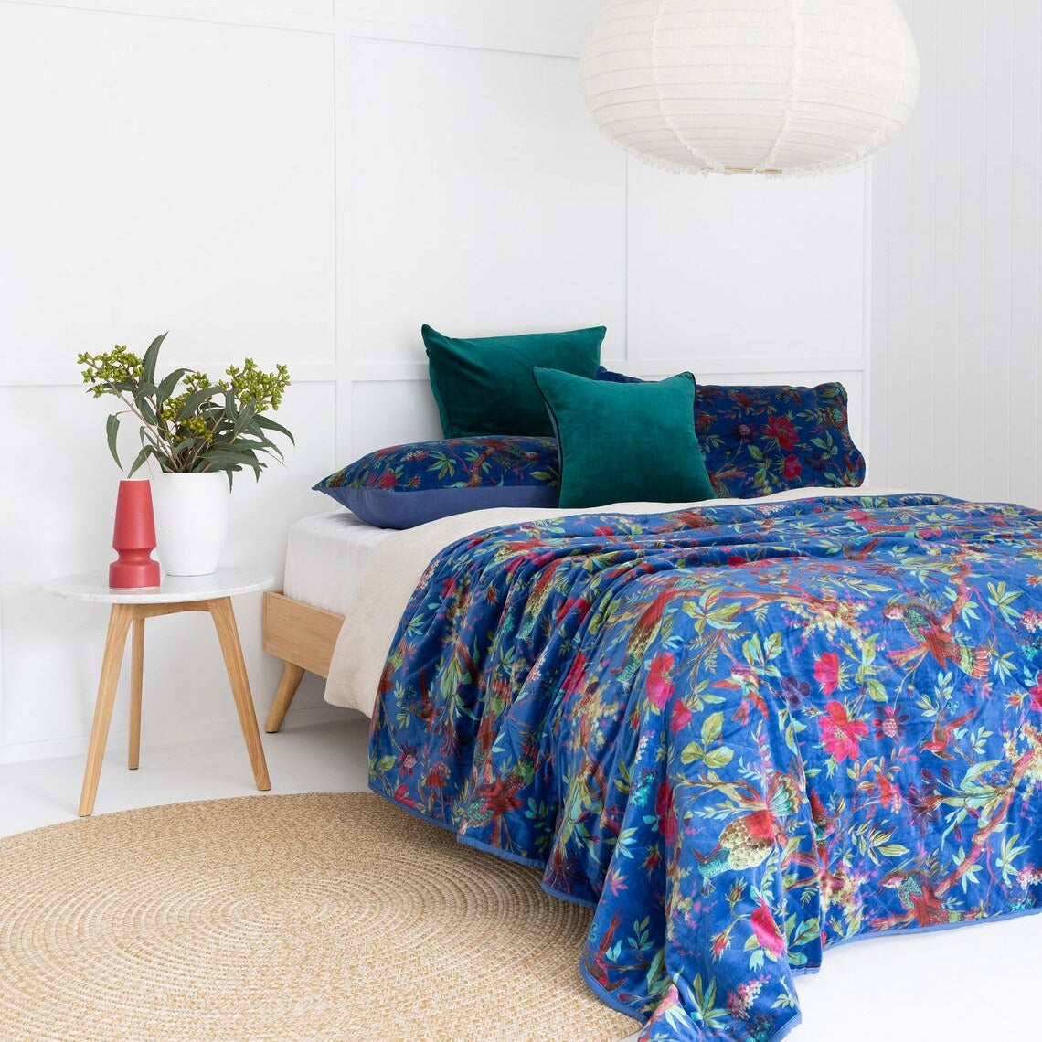 Velvet Floral Kantha Quilt - Bird Paradise Blue