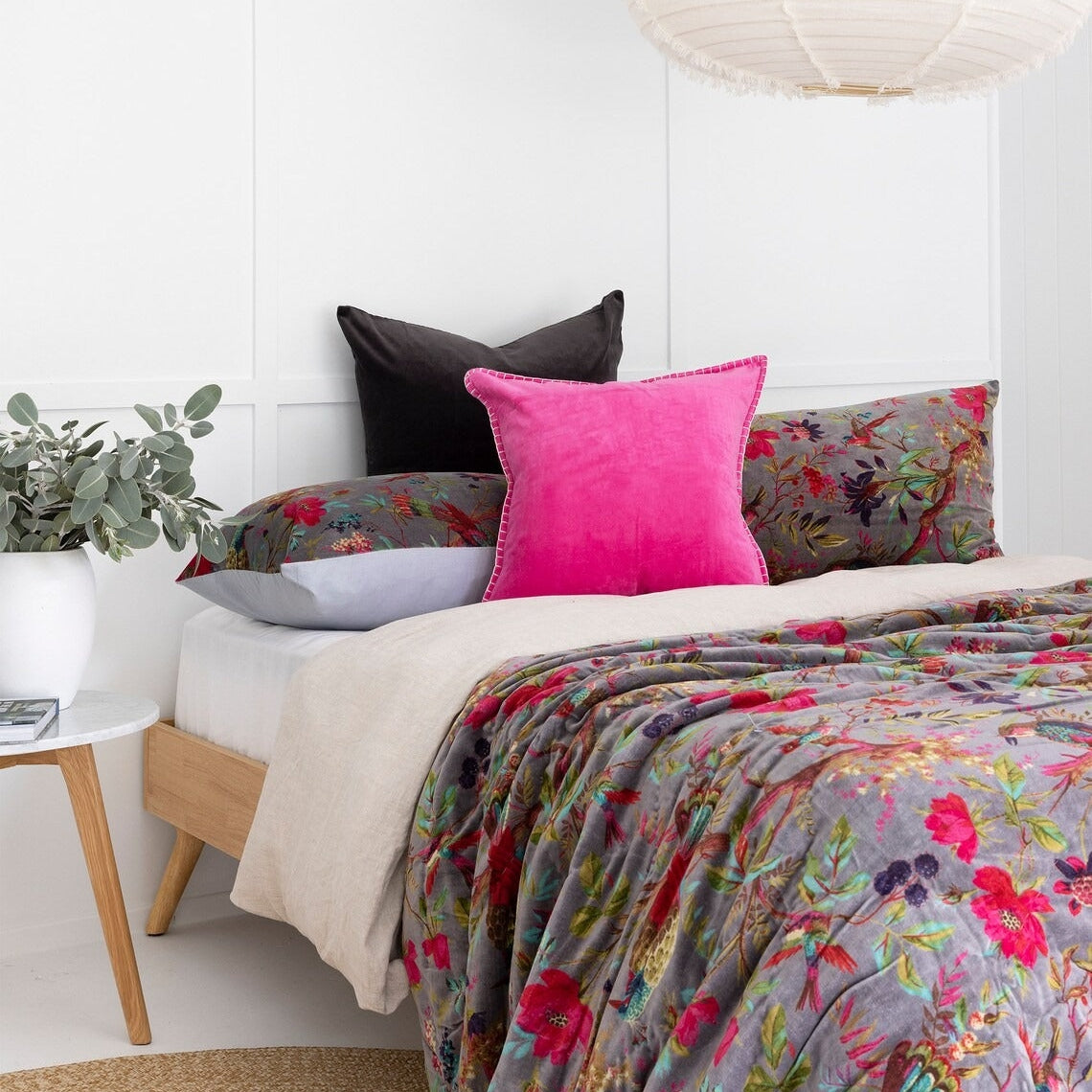Velvet Floral Kantha Quilt - Bird Paradise Grey